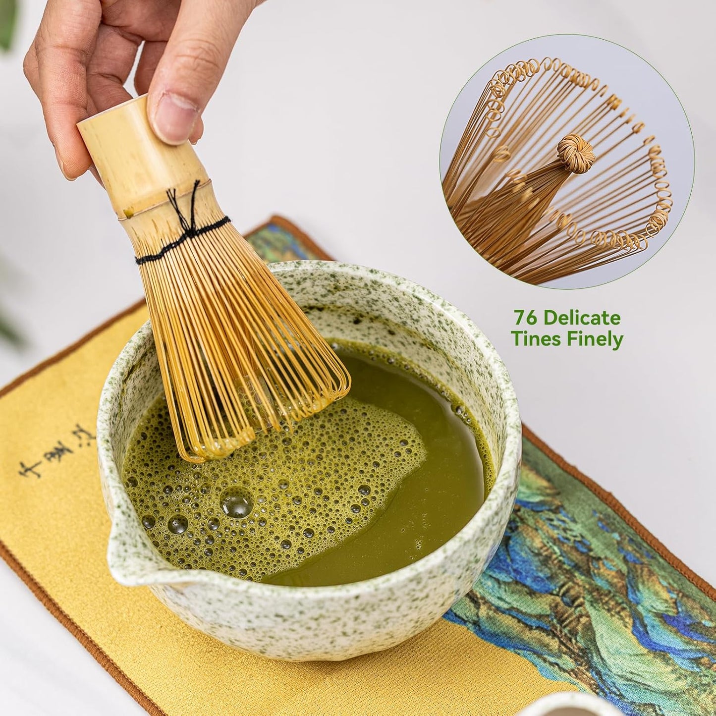 Japanese Matcha Whisk Set,Ceramic Matcha Set Includes Bowl with Spout,Matcha Sifter, Bamboo Whisk and Holder for Matchas Tea,2 Bamboo Scoop, Scoop Rest,Tea Towel -8 Pcs Kit Gift for Matcha Lovers