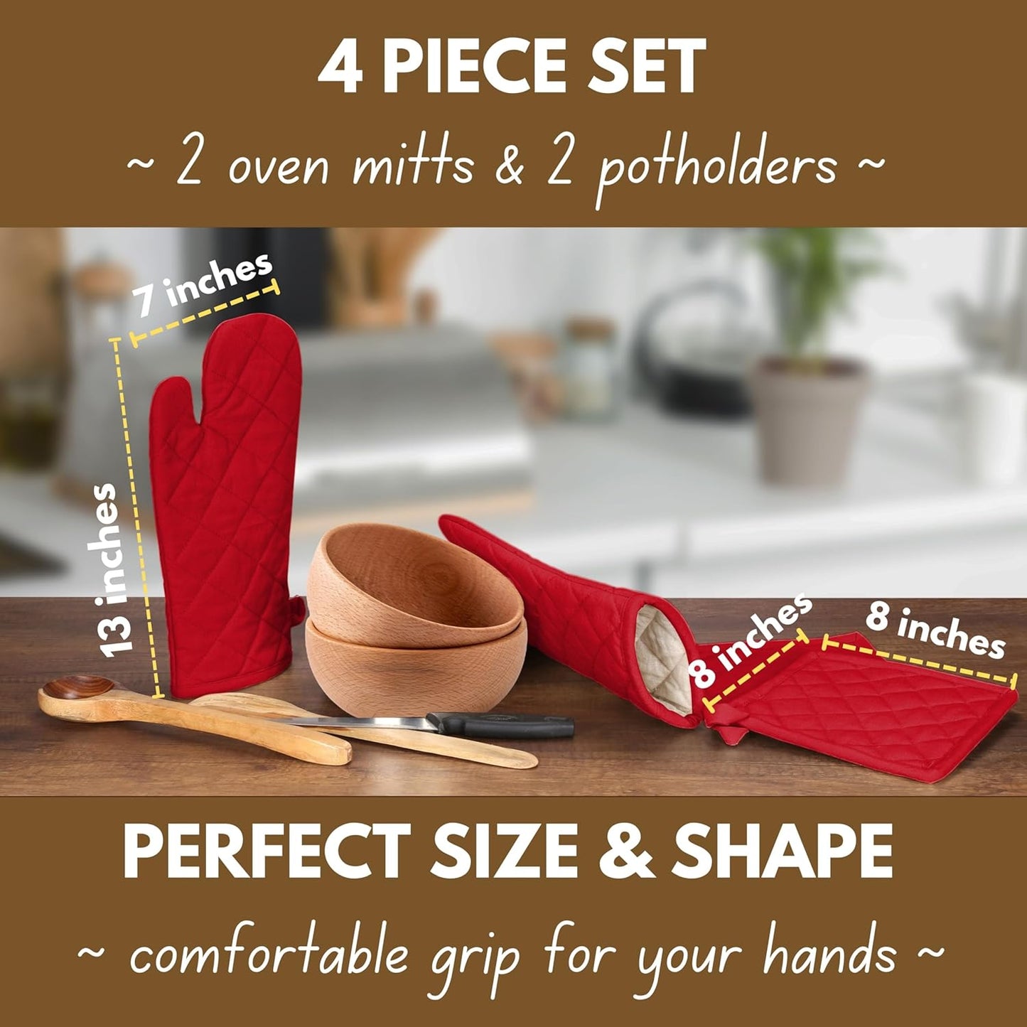 Native Fab Pot Holders and Oven Mitts Sets for Kitchen Heat Resistant - Hanging Non-Slip - 100% Cotton Kitchen Oven Mitts and Pot Holders 4-Piece Set - Red