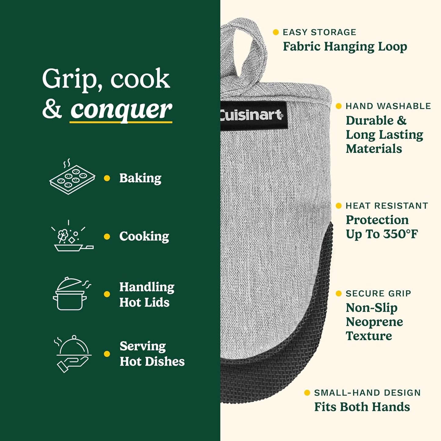 Cuisinart Mini Oven Mitts – 5.5” x 7” Heat-Resistant Kitchen Mitts for Oven with Non-Slip Neoprene Palm, Cotton Filling, and Fabric Loop – Durable Oven Mitt Set for Cooking & Baking (Light Gray)