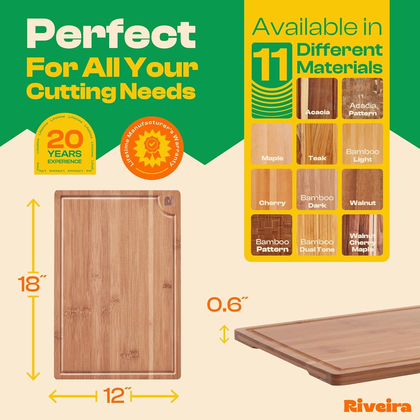 Riveira Brown Bamboo Wood Cutting Board – Gourmet Bamboo Grandeur: 18 x 12 Wooden Cutting Board – Wooden Cutting Boards For Kitchen Decorative – Innovative Juice Grooves Wooden Chopping Board