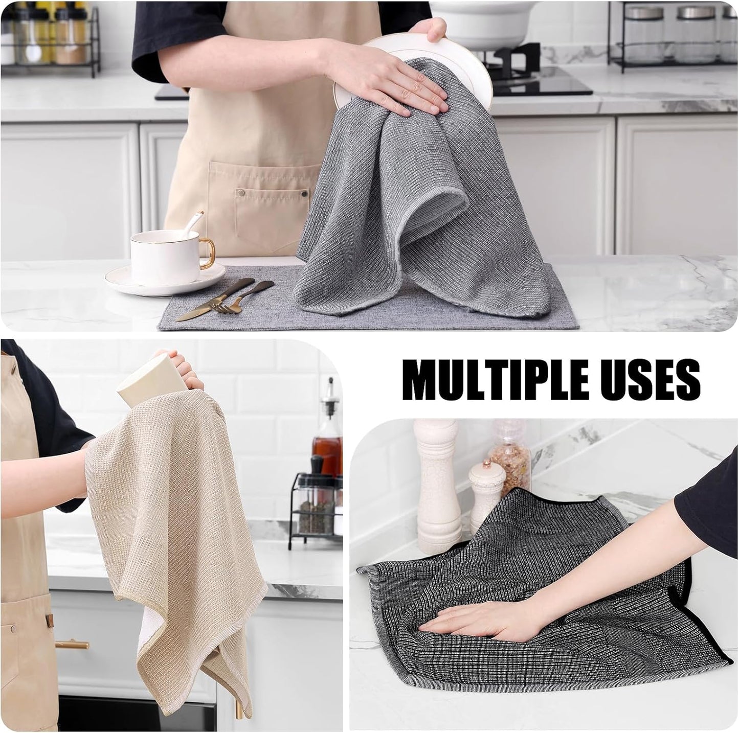 Homaxy Premium Kitchen Towels(18”x 28”, 6 Pack), Large Cotton Kitchen Hand Towels, Flat and Terry Dish Towels, 380 GSM Highly Absorbent Tea Towel Set with Hanging Loop, Grey/Khaki/Black