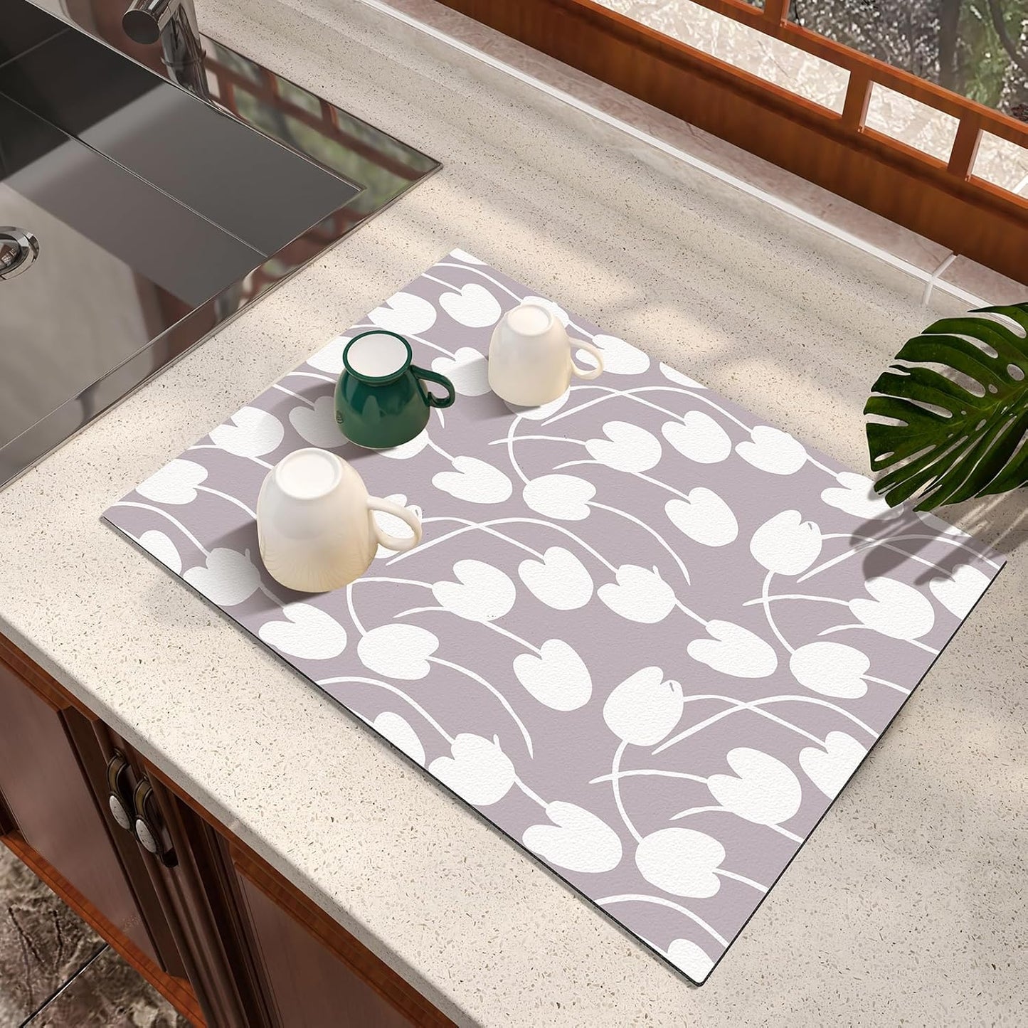 Dish Drying Mat, Absorbent Coffee Mat Rubber Backed, Soft Silicone Dish Drying Mat for Kitchen Counter or Sink for Kitchen Bathroom Coffee Bar (Tulip, 12 x 16 Inches)