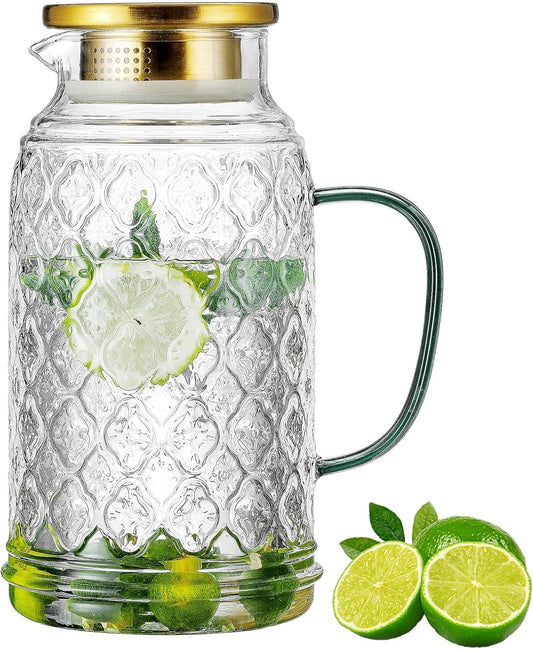 Glass Pitcher with Lid,84 oz/2.5 Liter Vintage Water Pitcher, Clear Borosilicate Glass Water Carafe for Cold Brew, Coffee, Lemonade, Iced Tea, Juice, Beverage, Heat Resistant Water Glass Jug