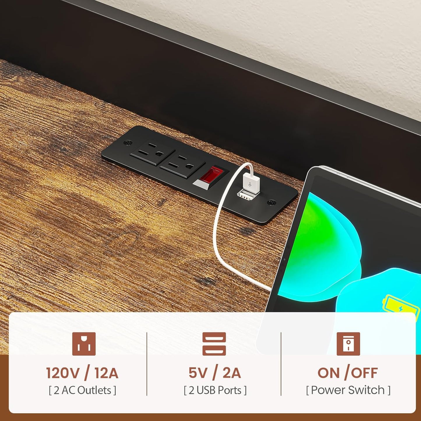 Itaar 35.4 inch Coffee Bar Cabinet, Bakers Rack with Power Outlet and Storage, Farmhouse Microwave Stand Kitchen Cabinet with Hutch, LED Lights, Wine Glass Holder and 8 Hooks, Black