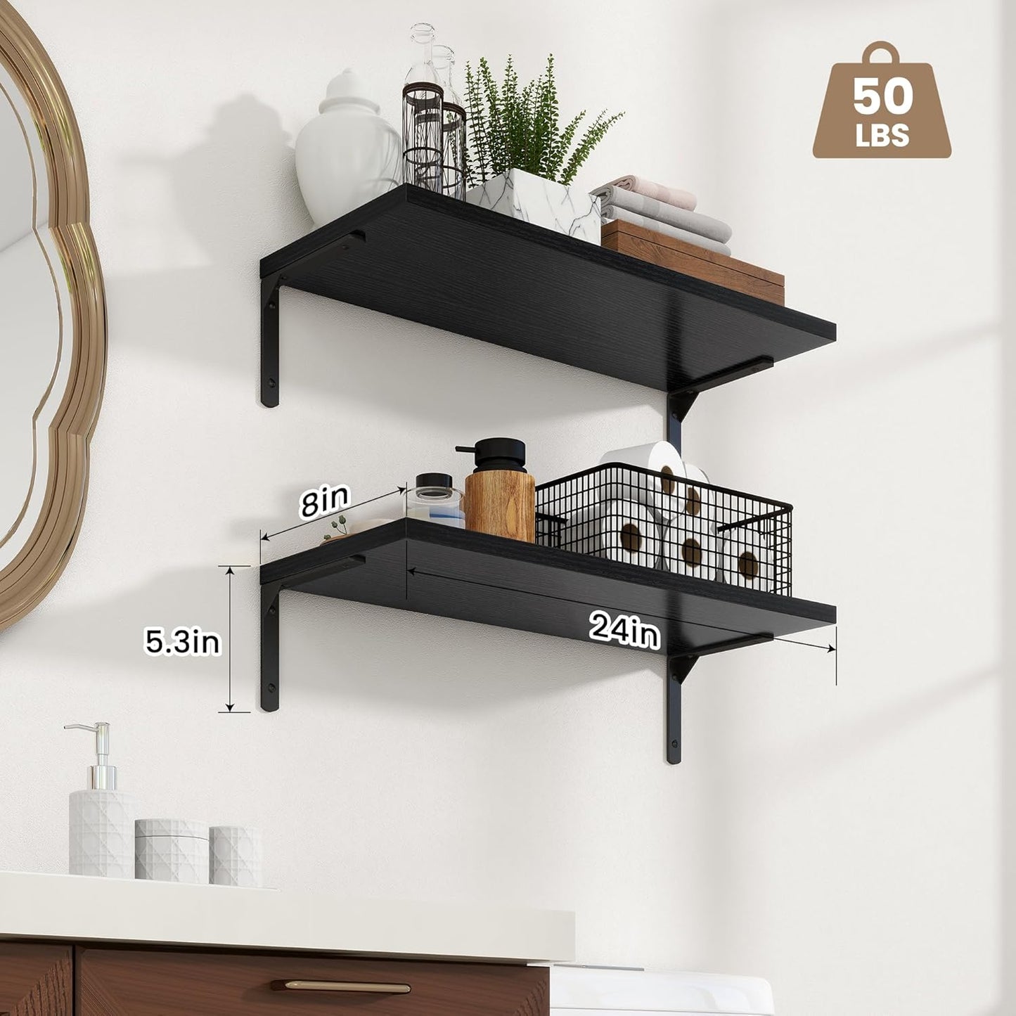 Fun Memories Deep Floating Shelves, 24W x 8D Floating Shelves Set of 2, Wall Mounted Shelf with Metal Brackets, Rustic Wood Wall Shelf for Bathroom, Kitchen and Living Room, Black