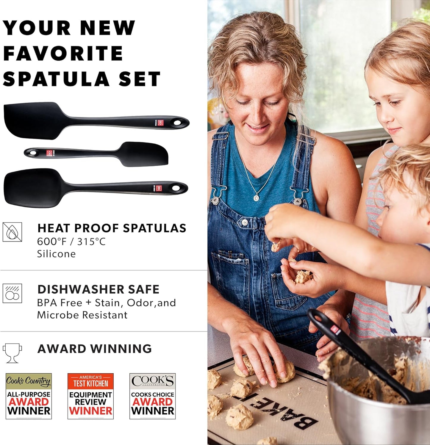 DI ORO Silicone Spatula Set - Rubber Kitchen Spatulas for Baking, Cooking, & Mixing - 600°F Heat-Resistant & BPA Free Silicone Scraper Spatulas for Nonstick Cookware - Dishwasher Safe (3pc, Black)