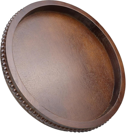 Wood Decorative Serving Tray with Bead, Round Vintage Wooden Ottoman Tray for Home Centerpiece, Counter Organizer, 13” Circle Tray for Kitchen, Living Room (Dark Brown)