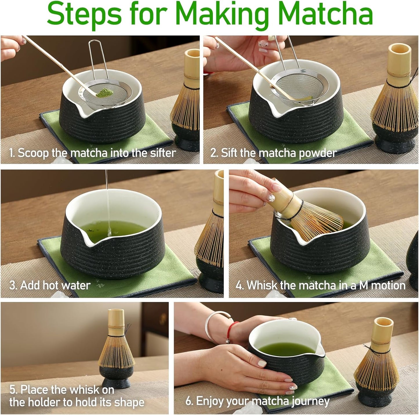 Matcha Whisk Set, Ceramic Matcha Set with Spout, Matcha Bowl Kit with Sifter, Whisk and Holder, Bamboo Scoop, Scoop Rest, Tea Towel, 7 Pcs Matcha Kit Set for Making Breakfast/Latte for Matcha Lovers
