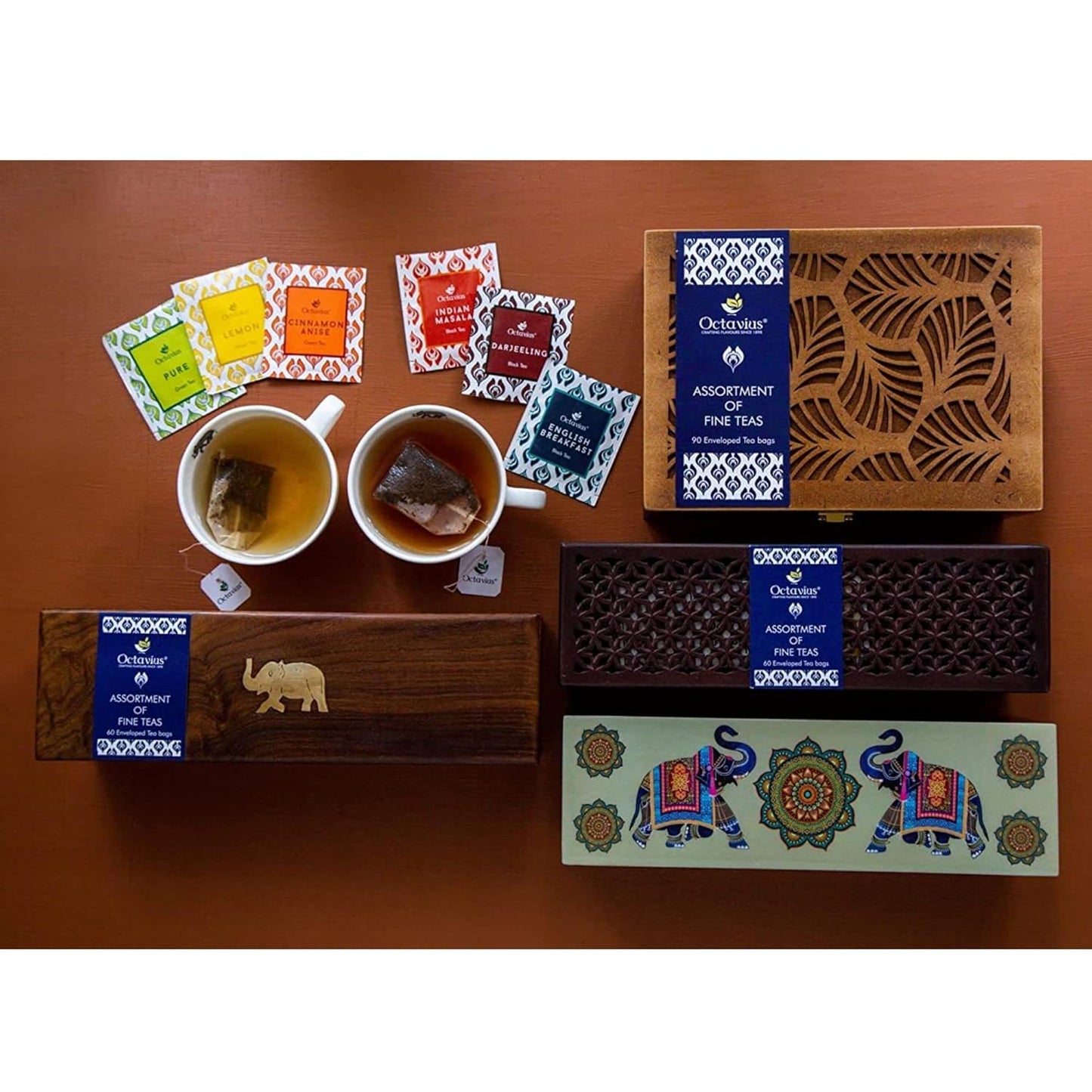Octavius Assorted Tea Gift Set | 6 Assorted Black & Green Teas | 30 Teabags | Wooden Tea Sampler Pack w/Taj Print Design | Pack of 1