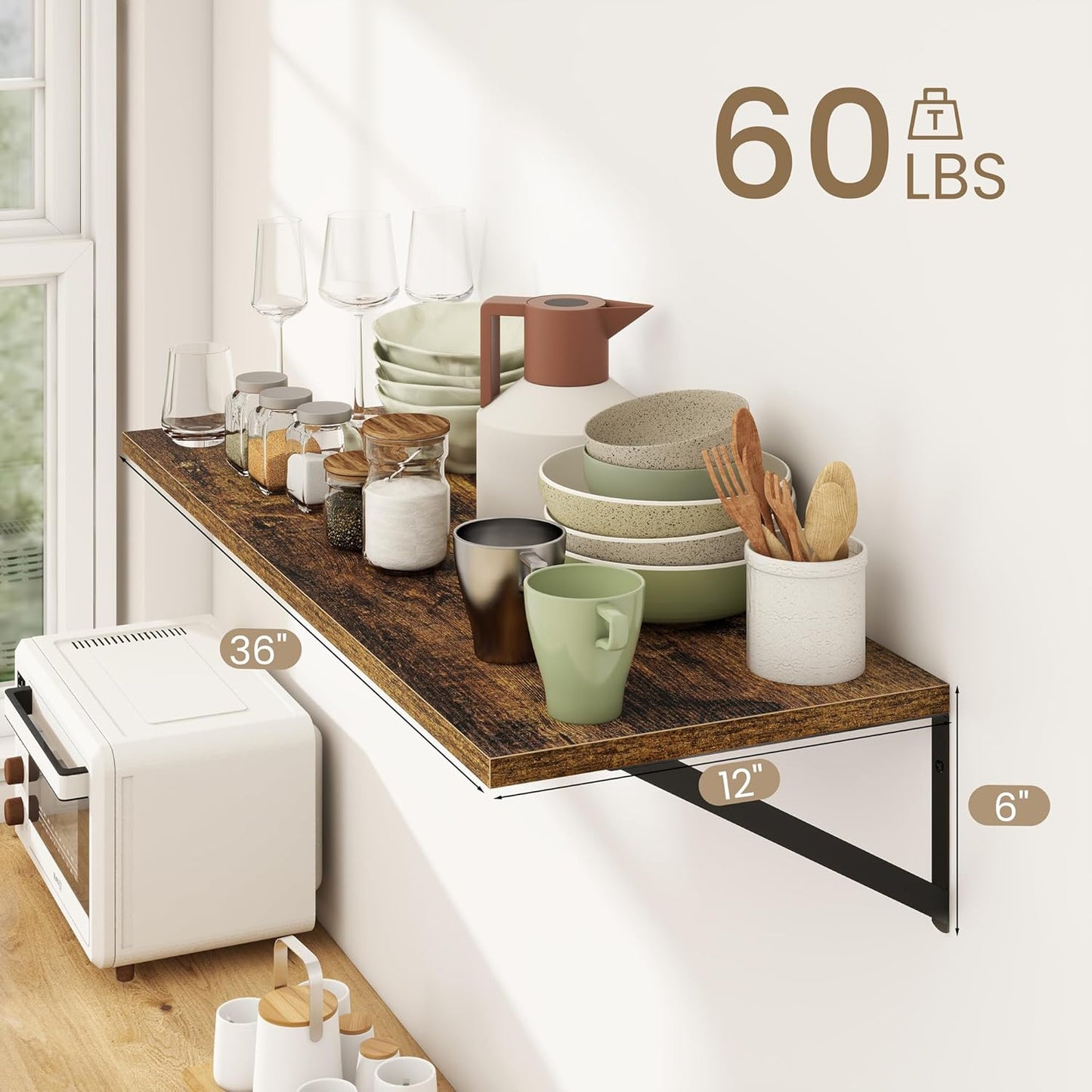 Dreamland Deep Floating Shelves for Wall, Brown Wood Wall Mounted Shelves, Large Floating Shelf 12 * 36 inch Set of 2 for Bookshelf Living Room Bedroom Home Office Bathroom