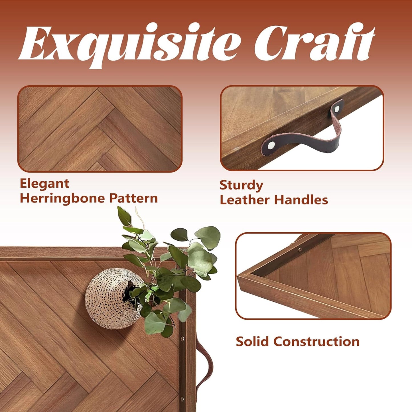 Tray for Ottoman 32 x 18 Inches, Rectangular Ottoman Trays, Extra Large Wooden Tray with Leather Handles, Food Serving Trays for Dinner, Breakfast, Snacks