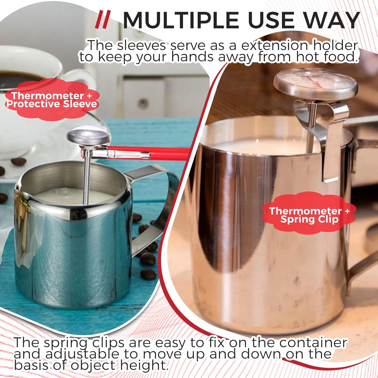 6 Pack Immediate Read Pocket Thermometer, 1 Inch Stainless Steel Dial Food Thermometer with 6 PCS Red Plastic Sleeves of Thermometers and 6 PCS Clips for Coffee Drinks Chocolate Milk Foam