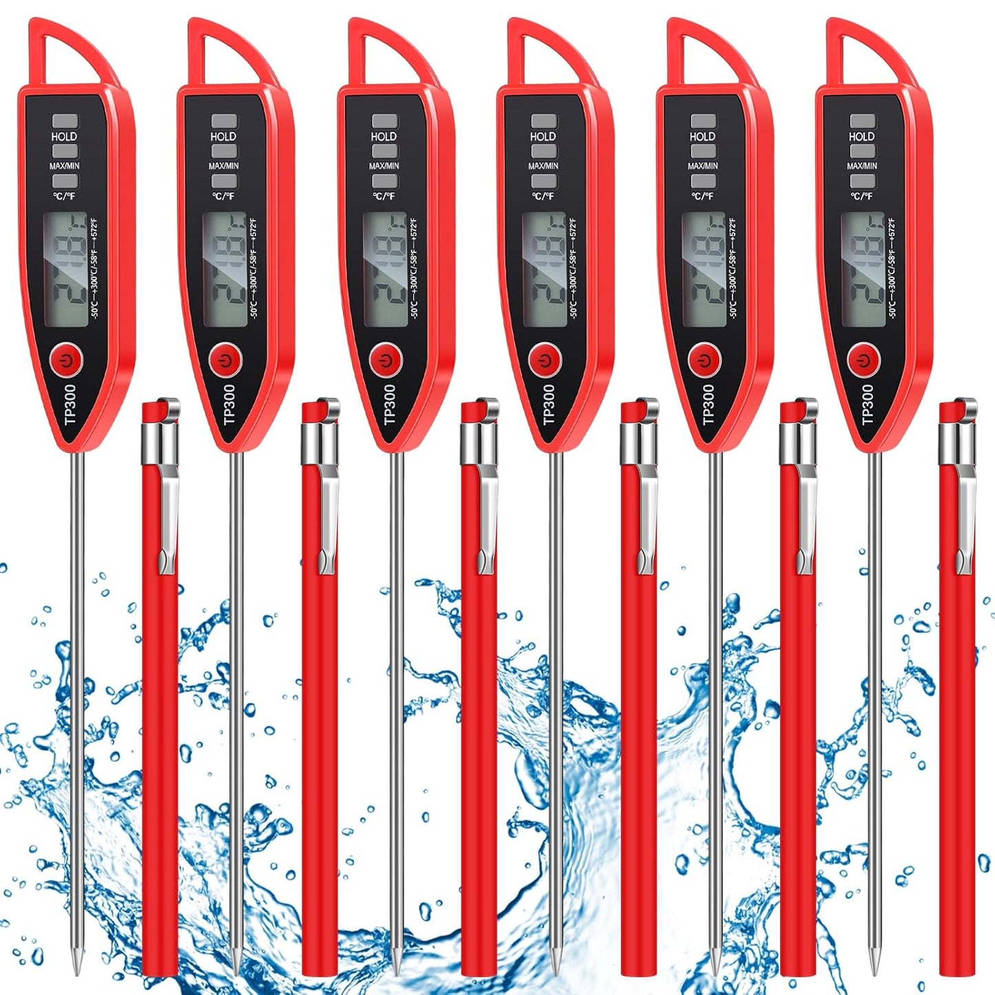 6 Set Waterproof Food Thermometer for Water, Liquid, Candle and Cooking Digital Meat Thermometer with Long Probe Instant Read for Kitchen BBQ Grill Candy (Red)