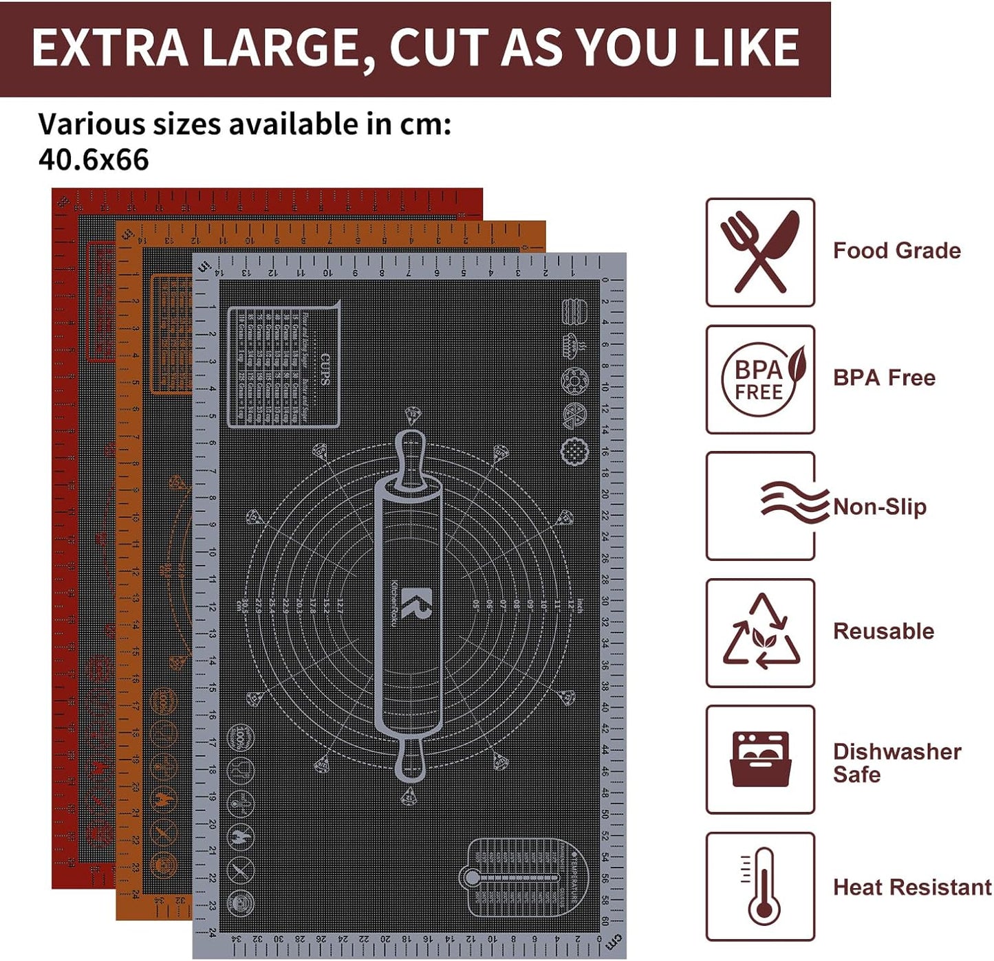 Silicone Pastry Mat Extra Large with Measurements 26''x16'' for Reusable,Non-slip Silicone Baking Mat, Counter, Dough Rolling, Oven Liner,Fondant/Pie Crust (Translucent_Red, 16''W x 26''L)