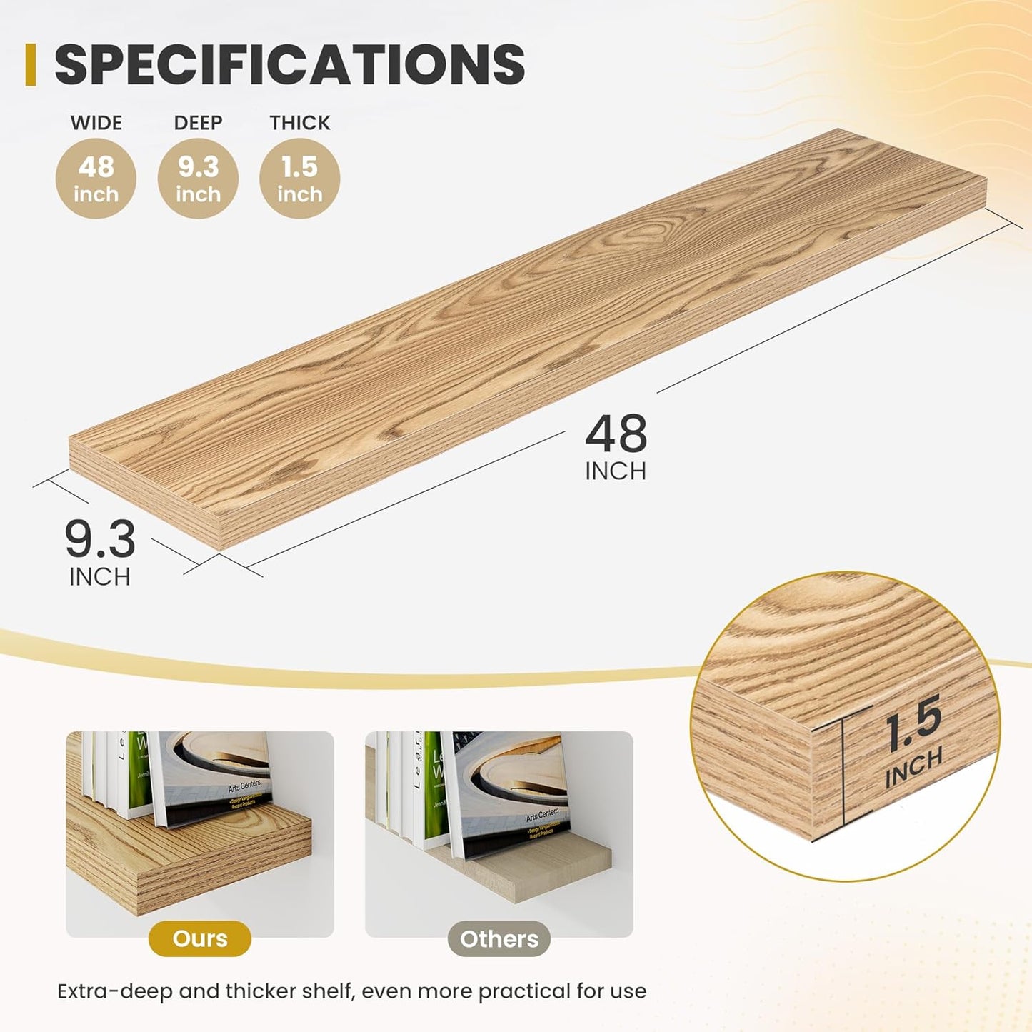 48 Inch Floating Shelves, 9.3" Deep Floating Shelf Wall Mounted, 48" Wall Shelves, Rustic Deep Bookshelf, Large Display Shelves & Storage Shelves for Bedroom, Living Room, Light Brown, Set of 1