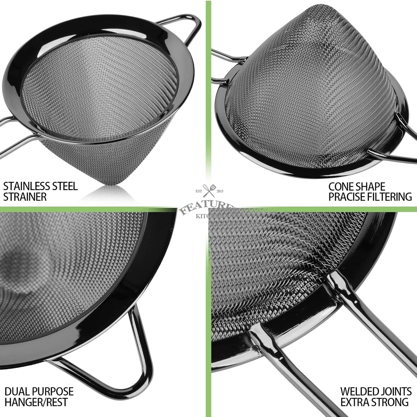 2 Pack Stainless Steel Small Food Strainer, Fine Mesh Sieve with Long Handle, Cocktail Strainer For Cocktails, Tea Herbs, Coffee & Drinks, Rust Proof & Great as Tea Strainer, 3.5inch