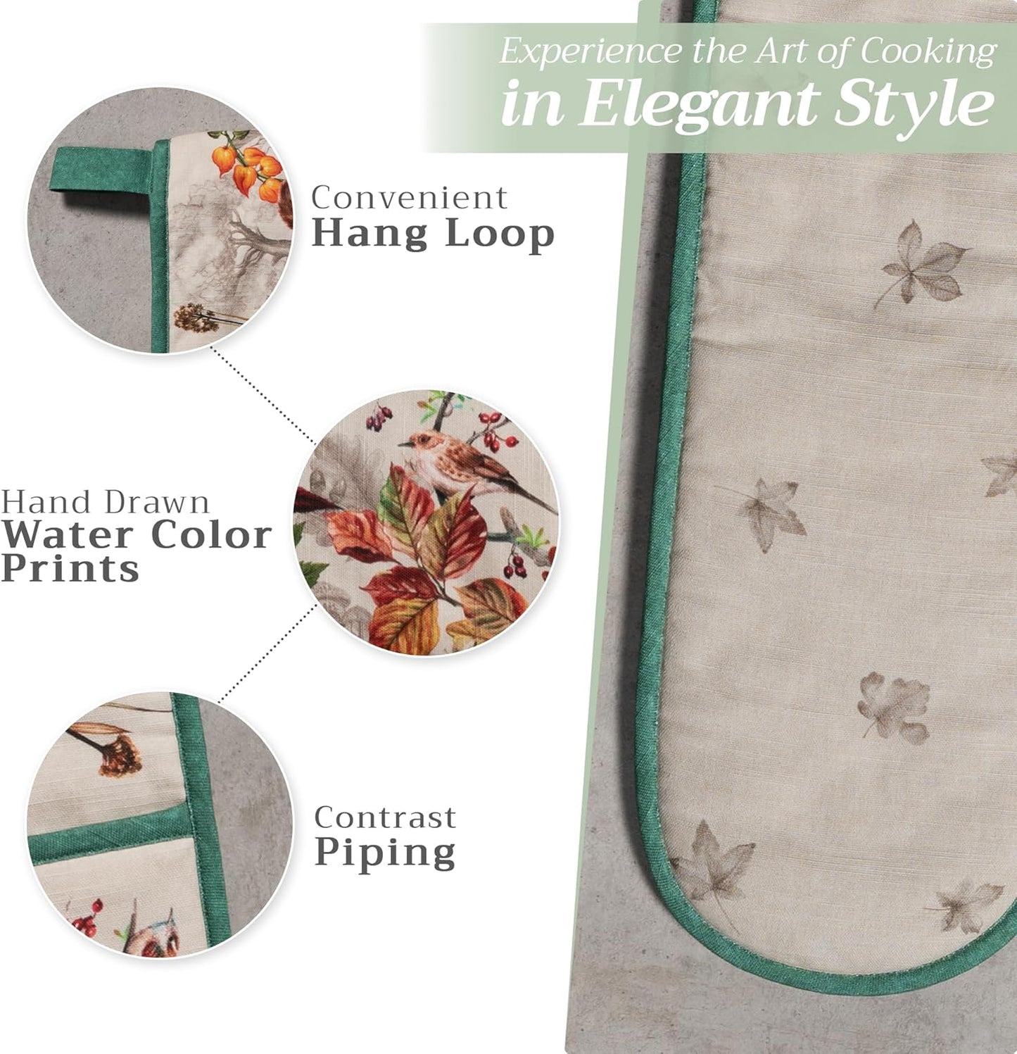 Maison d' Hermine Double Oven Mitts 100% Cotton 7"x35" Double Oven Mitt Heat Resistant BBQ Cooking Gloves with Loop, Baking, Grilling, Home, Kitchen, Handling Hot Pans (Recolte)