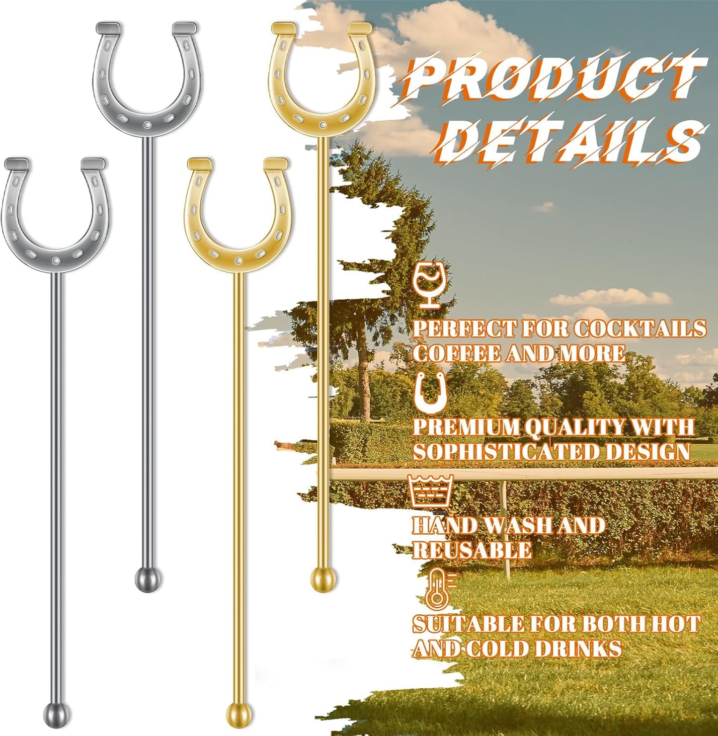 6 Inch Derby Drink Plastic Stirrers Swizzle Sticks for Cocktails Coffee Reusable U Shaped Horseshoe Drink Stirrers for Coffee Beverage Party Bar Weddings Events(Gold,silver,60 Pcs)