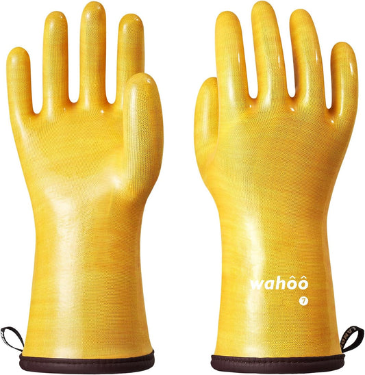 wahoo Professional Liquid Silicone Oven Mitts Gloves, Heat Resistant Gloves for Cooking, Baking, CoralAir Liner, 12 Inch, Yellow, Large