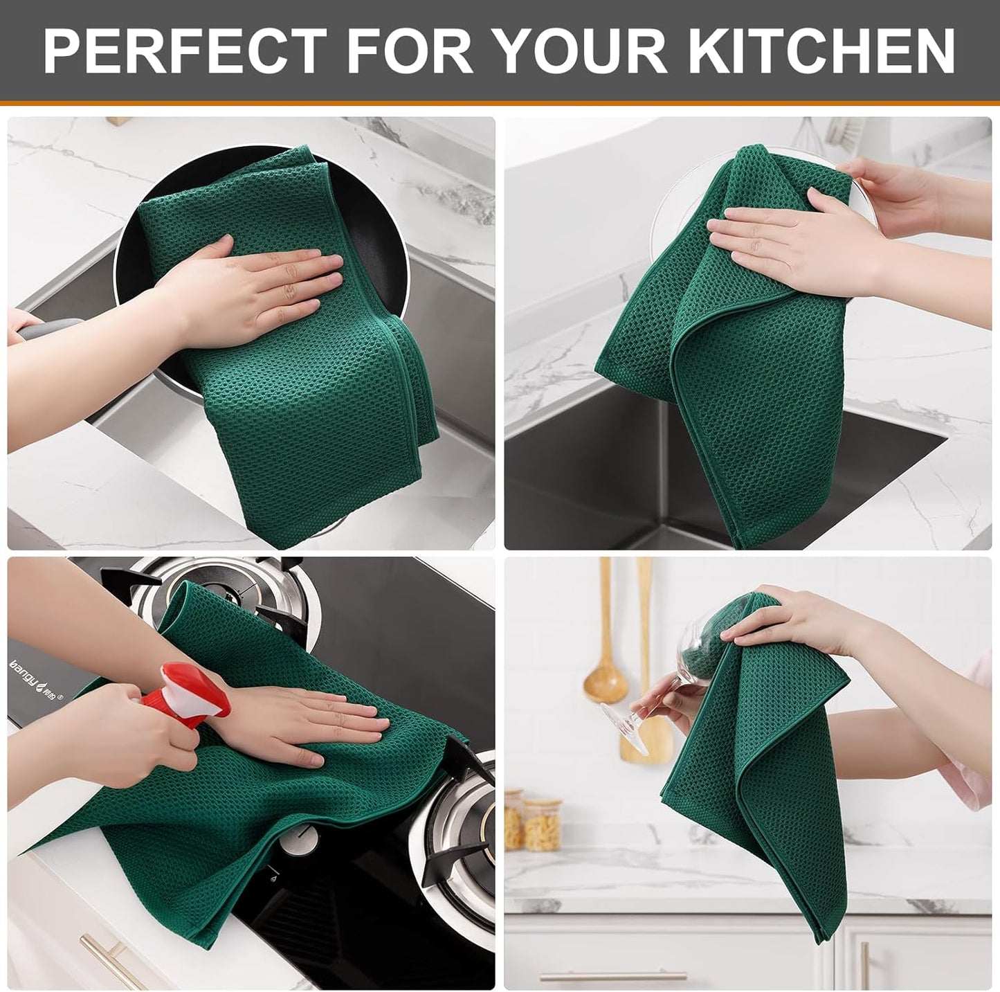 Kitinjoy 100% Cotton Waffle Weave Kitchen Towels, 4-Pack Super Soft and Absorbent Dish Towels for Drying Dishes, Kitchen Hand Towels, 13 in x 28 in, Dark Green