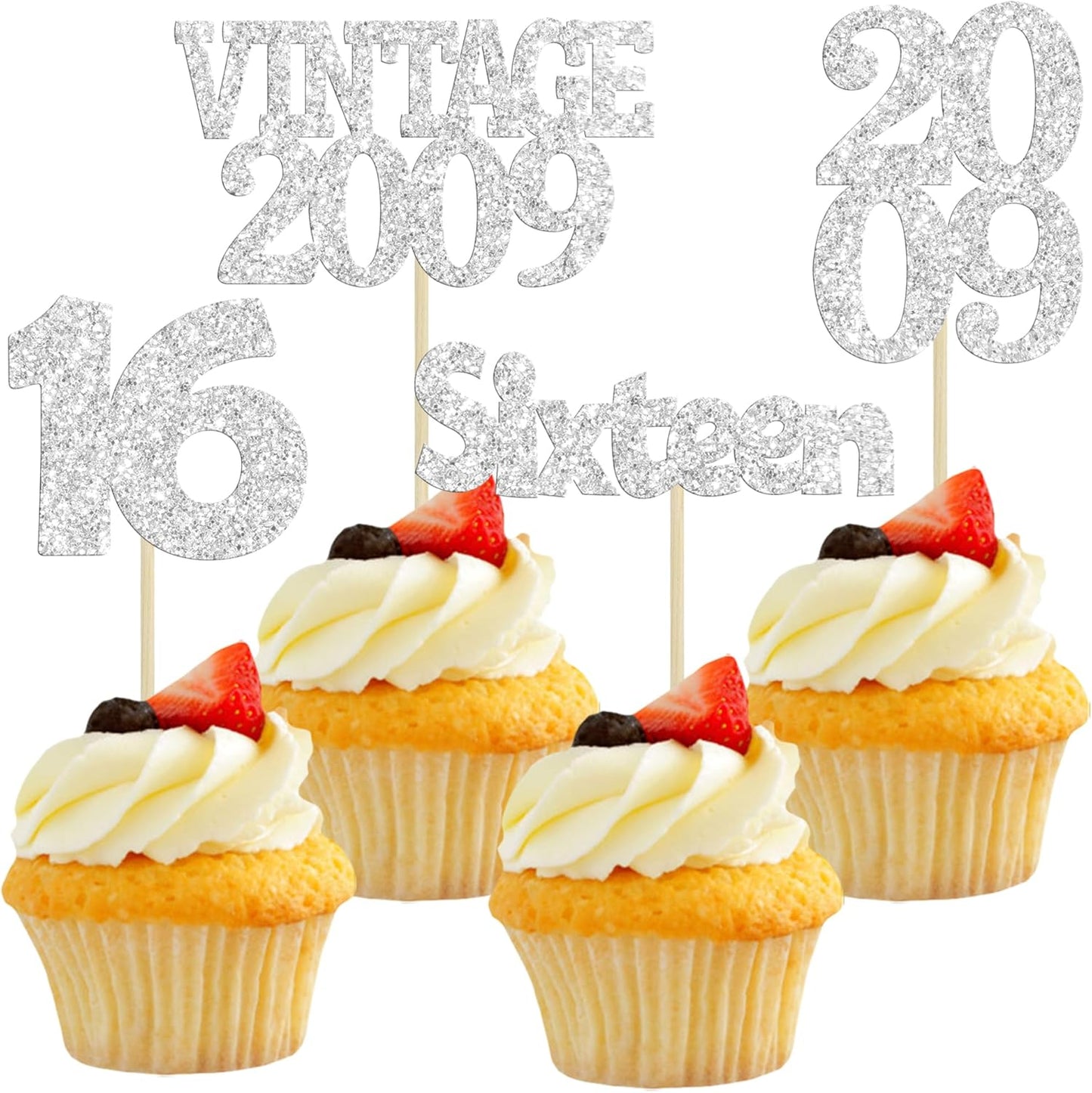 Gyufise 24Pcs 16th Birthday Cupcake Toppers Glitter Sixteen Vintage 2009 Hello 16 Years Birthday Cupcake Picks Sweet 16 Cake Decorations for Happy 16th Birthday Anniversary Party Supplies Silver