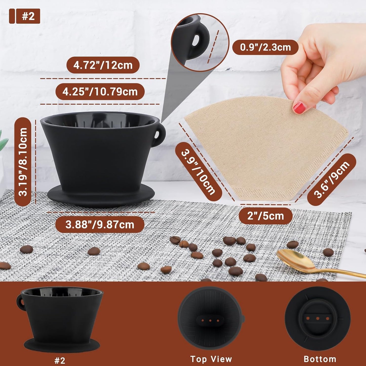 Segarty Pour Over Coffee Maker Set, Black Silicone Dripper Single Cup With 200 Count Cone Filters Paper Size 2, Portable Travel Hand Drip Brewer Kit for Camping