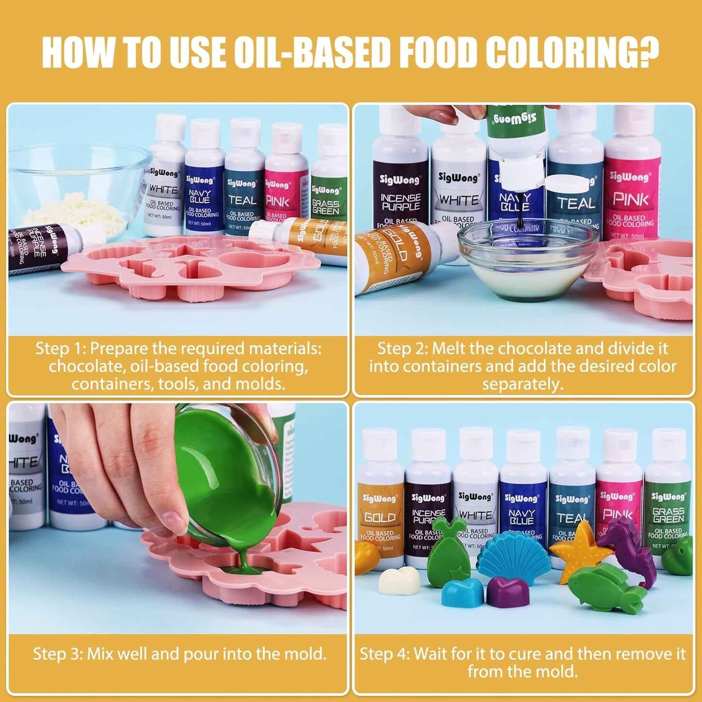 Oil Based Food Coloring for Chocolate - 50ml Gold Upgraded Edible Oil Based Food Dye for Cake Decorating, Baking, Candy Melts, Cookie, Icing Frosting, Fondant, Meringues - 1.69 Fl.Oz Bottles