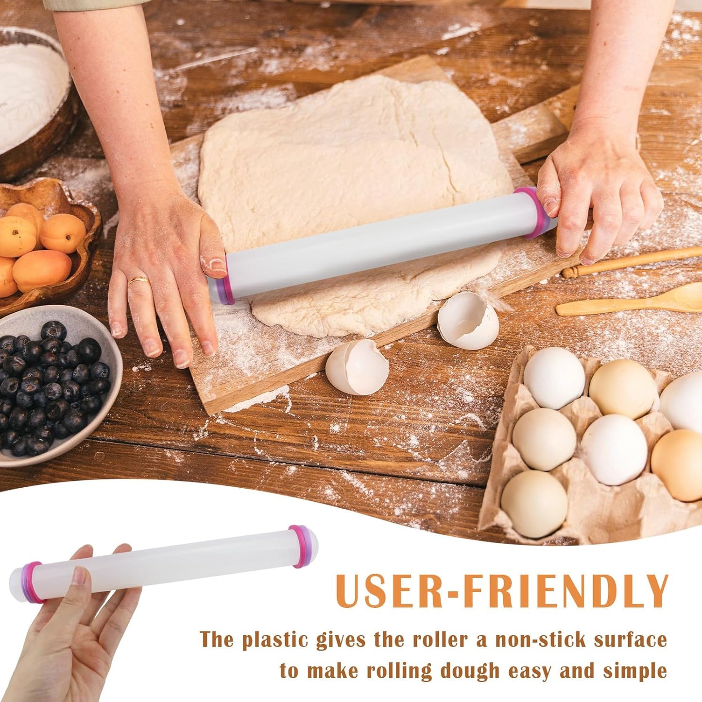 Fondant Rolling Pin 9 Inch Non-Stick Dough Pastry Roller Adjustable Kitchen Utensils for Fondant, Pie Crust, Cookie, Pastry