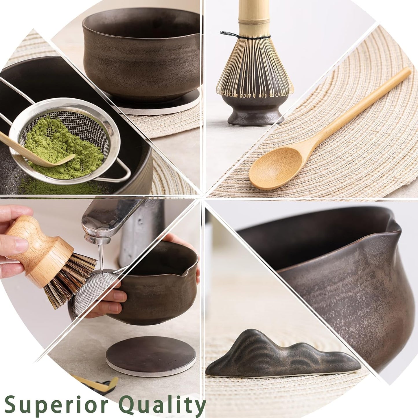 Matcha Whisk Set, Matcha Bowl with Spout and Coaster, Matcha Whisk and Holder, Sifter, Scoop, Spoon, Cleaning Brush - 10 Pcs Complete Ceramic Matcha Kit