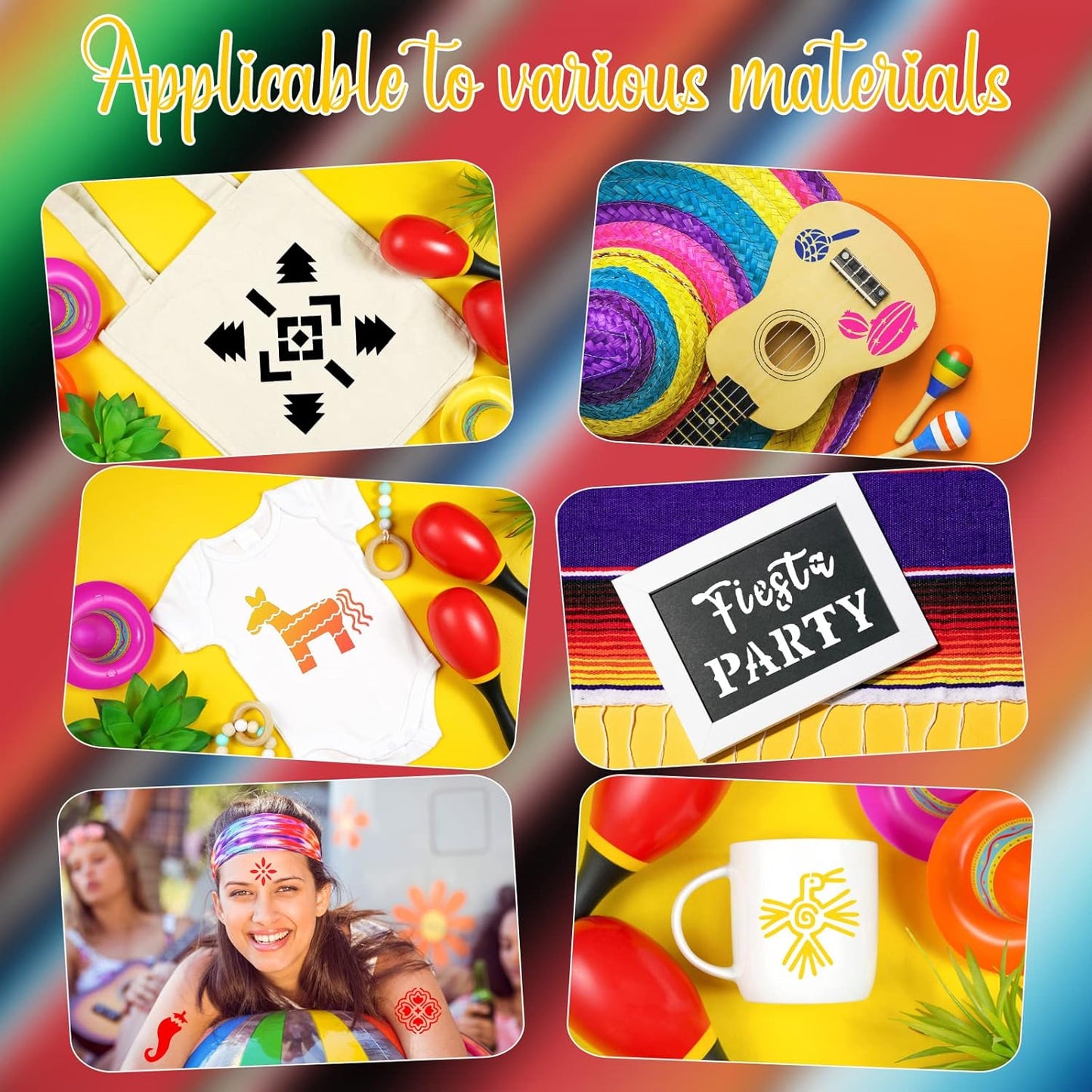 100 Pcs Stencils for Painting on Wood Reusable Stencil Crafts Drawing Templates Holiday Wall Paper for DIY Scrapbook Home 2 x 2 Inch(Mexican Festival)