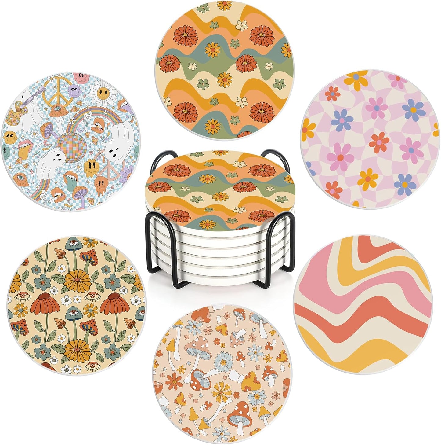 Table Coaster for Drinks Set of 6, Retro 70s Colorful Groovy Round Ceramic Coasters,with Cork Base and Metal Holder,Great Housewarming Birthday Gifts,Home Decor