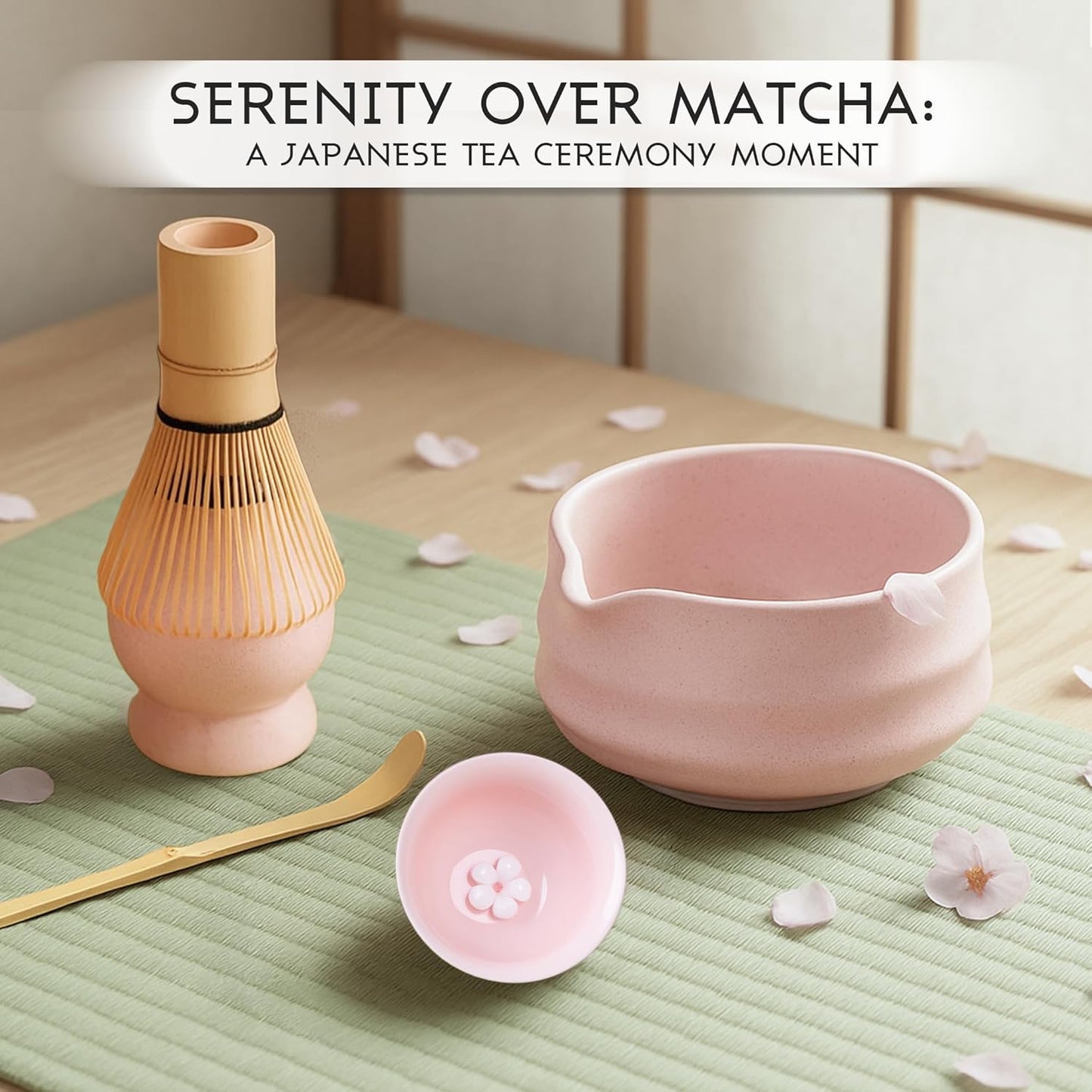Pink Matcha Set, 8 Pcs Matcha Whisk Set with Porcelain Sakura Tea Cup, Matcha Bowl, Whisk and Holder, Bamboo Scoop, Scoop Rest, Sifter, Tea Mat - Gift for Matcha Lover