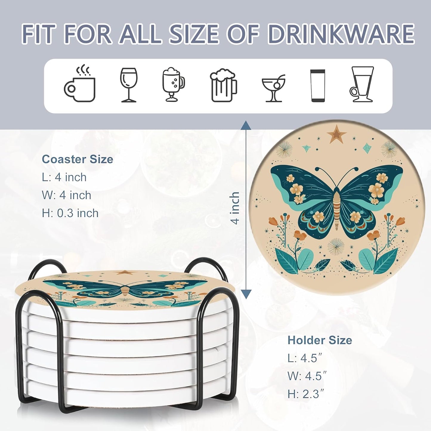 Coaster for Drinks Set of 6, Boho Butterfly Flower Absorbing Round Ceramic Stone Coaster with Cork Base,Tabletop Protection Mat for Mugs and Cups,Coffee Table Wine Glass Home Bar 4 Inch