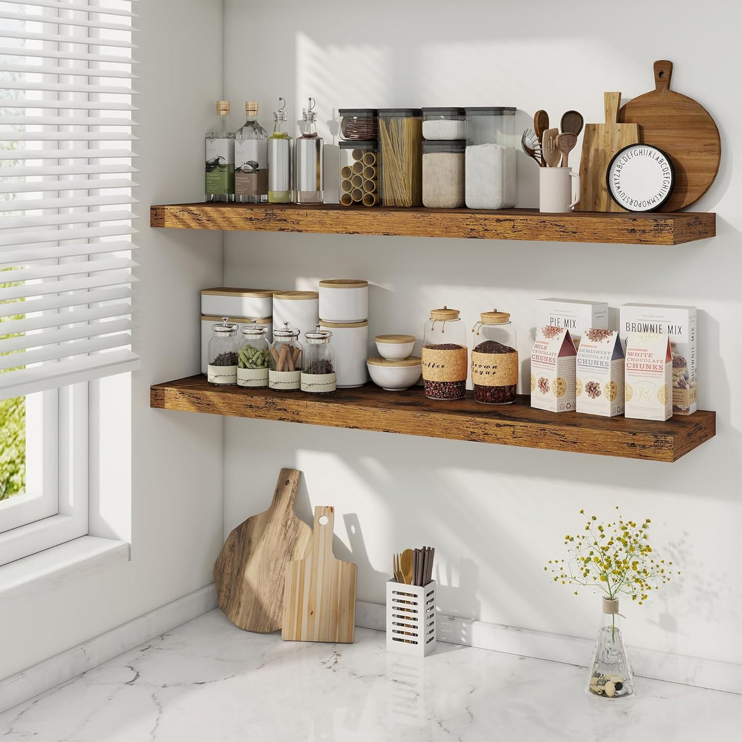 Fun Memories 40" Rustic Wood Floating Shelves with Invisible Brackets for Storage & Decor, Deep Wall Mounted Shelves for Bathroom, Kitchen, Living Room (Brown,Set of 2)