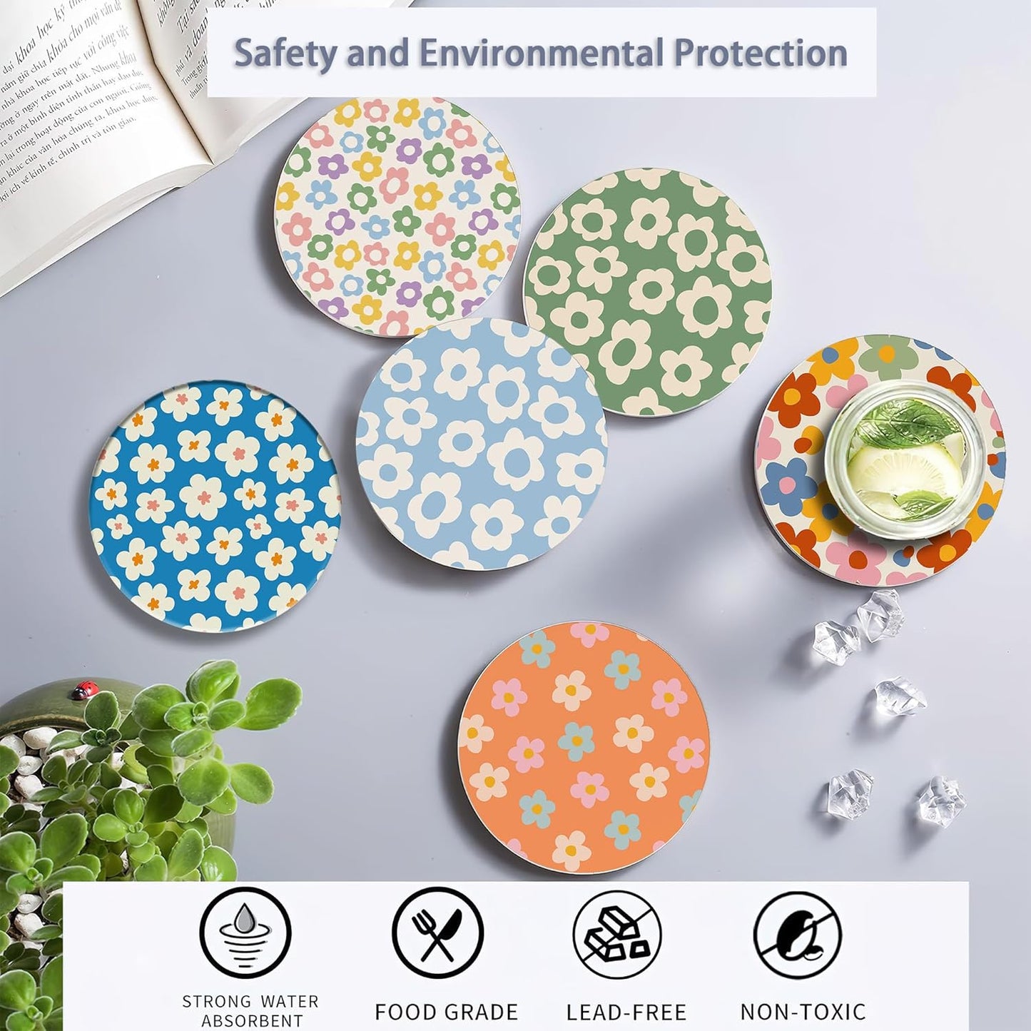 Drink Coasters Set of 6 with Holder, Vintage Groovy Flowers Absorbent Ceramic Drink Coaster for Tabletop Protection,Suitable for Kinds of Cups,Drinks Coasters for Home Office Decoration(4 Inches)