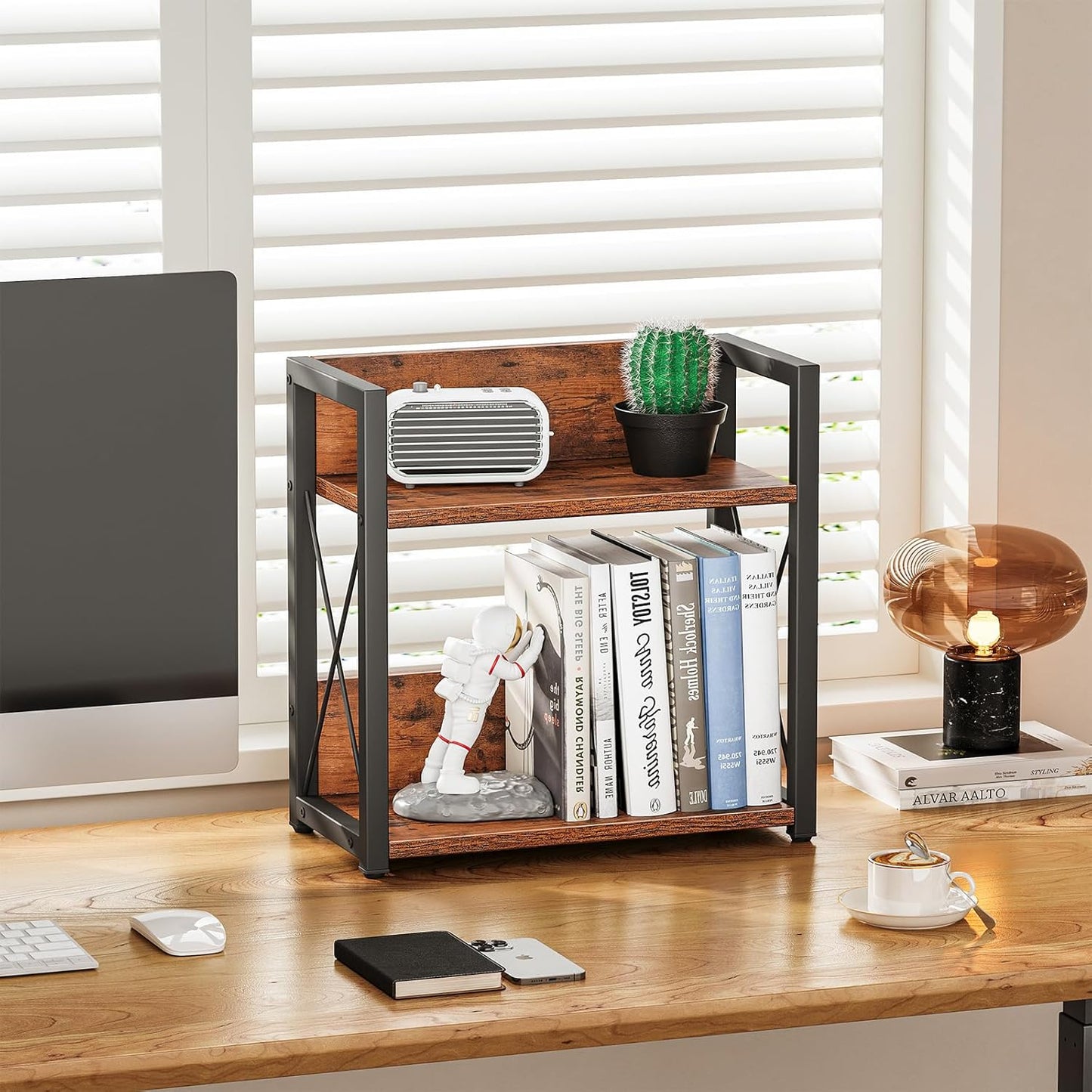 Giikin Counter Shelf Organizer, 2 Tier Kitchen Spice Rack for Countertop, Wood Coffee Counter Organizer for Home (Rustic Brown, L)