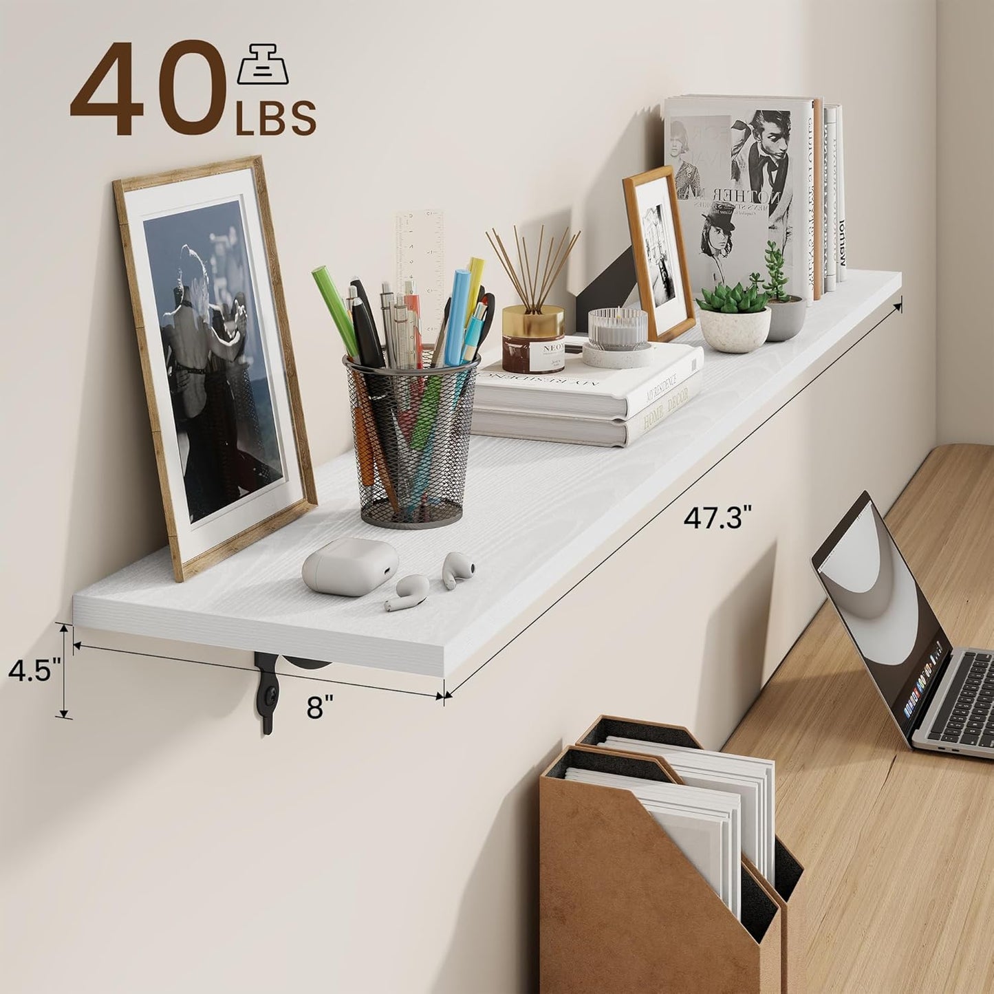 RICHFOCUS Floating Shelves for Wall Decor, 47.3W x 8D Wall Shelves Set of 2, 8 Inch Deep Rustic Wood Shelves Wall Mounted with Brackets, Long Floating Shelves for Living Room Bedroom Kitchen, White