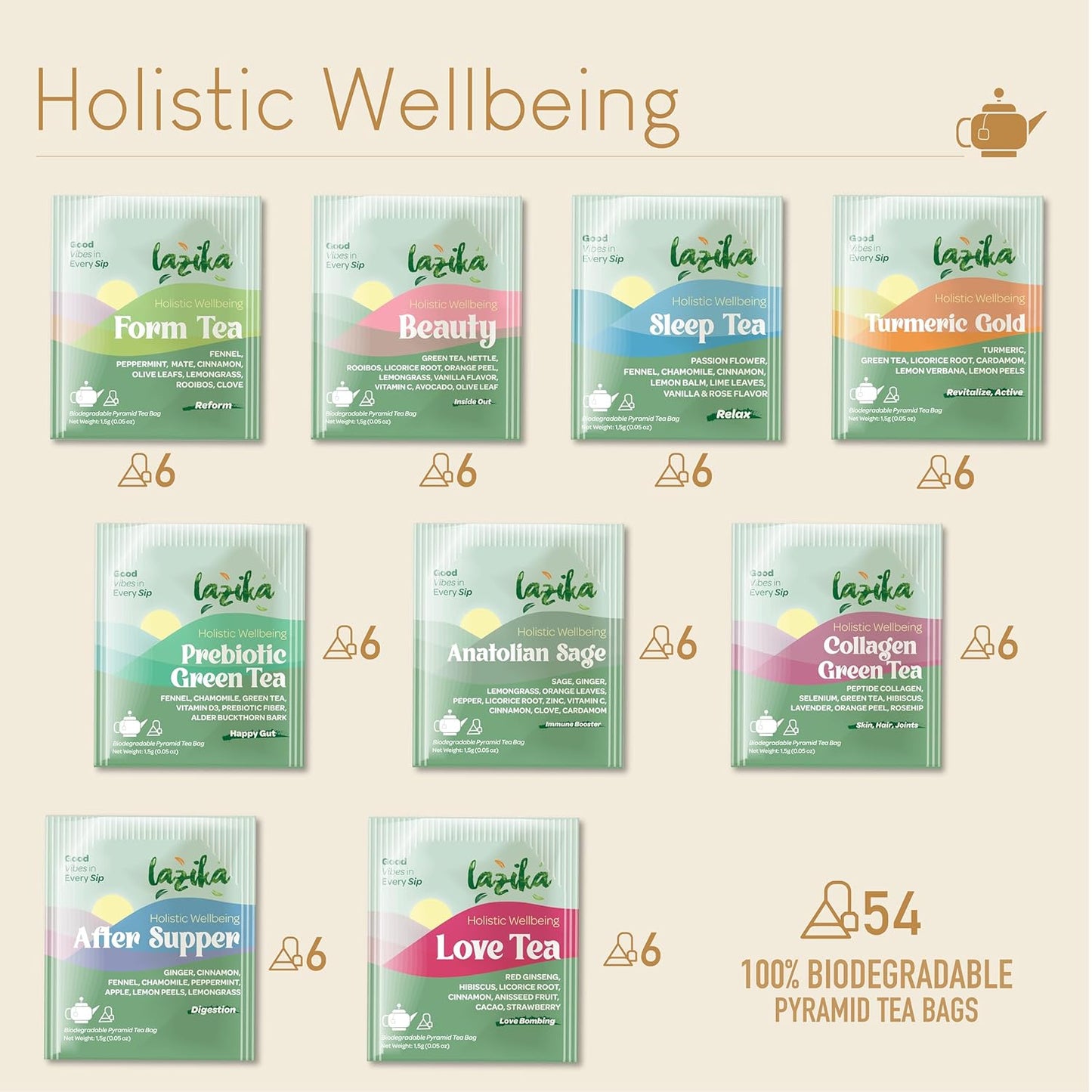 Lazika Herbal Tea Variety Pack with Lovely Presentation Box, 54 Counts, Holistic Wellbeing Tea Assortment Gift Set, Premium Collection with Pyramid Infuser Bag, Handcrafted