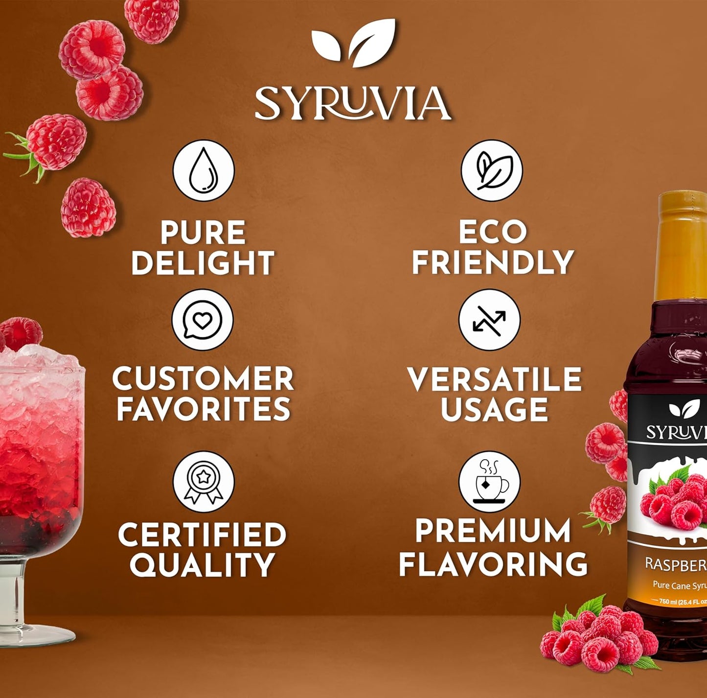 Syruvia Premium Raspberry Syrup - 25.4 fl oz Kosher Best For Drinks, Dessert, Soda, Smoothies, Gluten-Free, Non-GMO Flavor