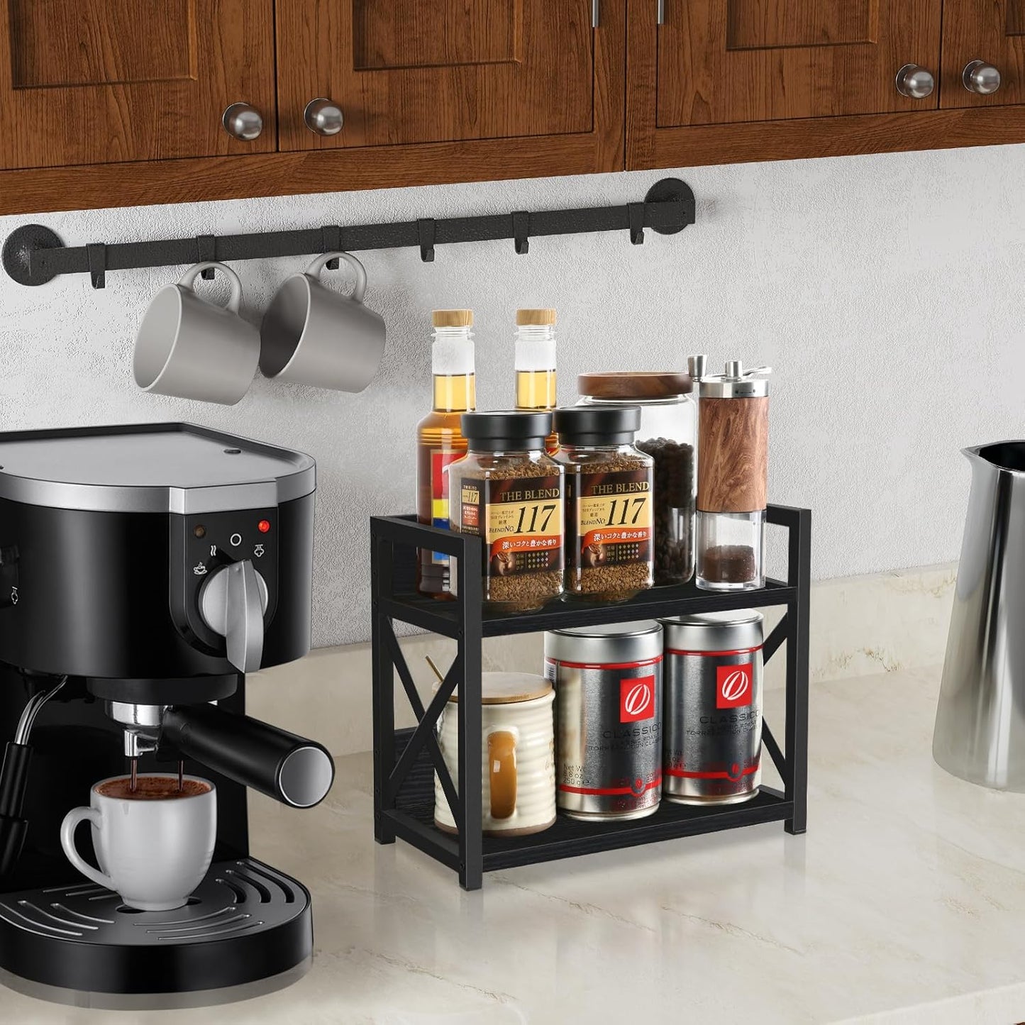 YINMIT Countertop Shelf Organizer,Coffee Bar Accessories,Spice Rack,Coffee Counter Shelf,2 Tier Coffee Organizer Station for Mugs,Cups,Cream,Syrup (Black, Small)