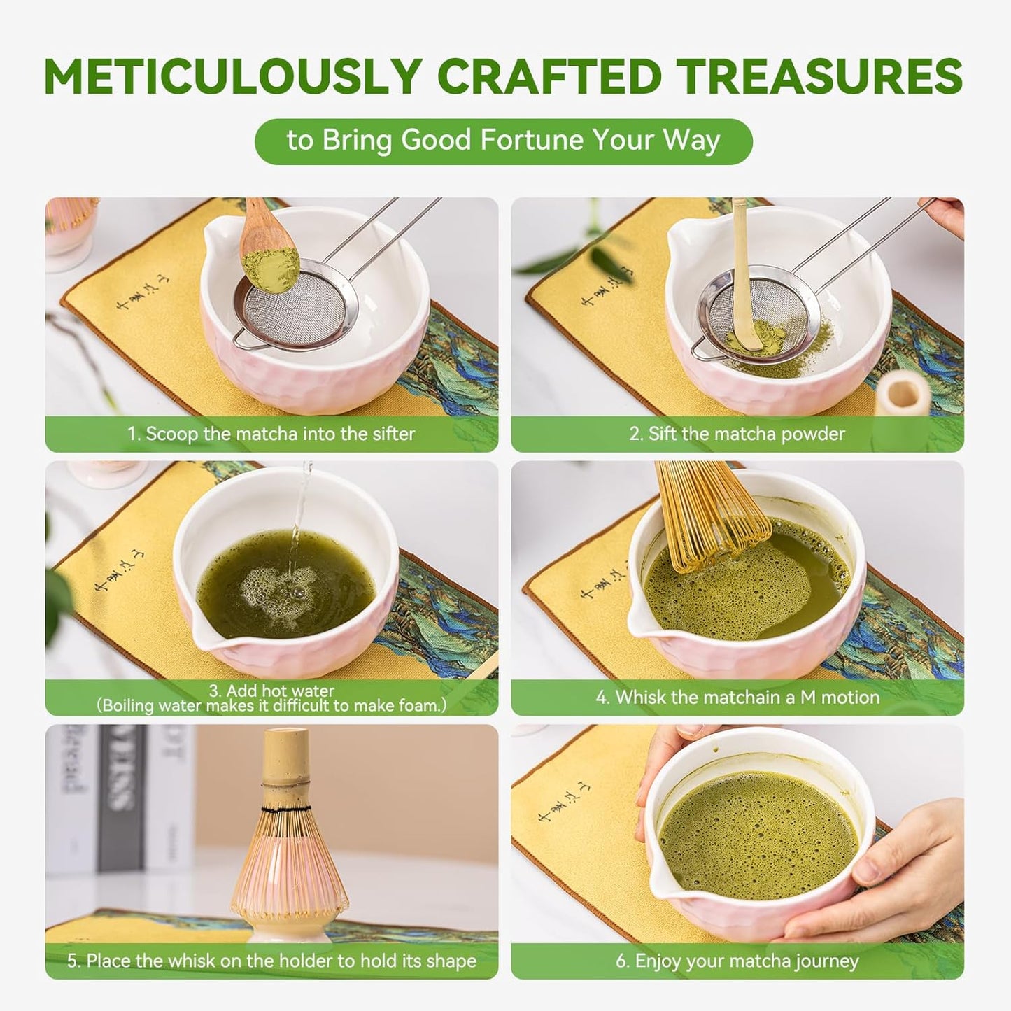 Japanese Matcha Whisk Set,Ceramic Matcha Set Includes Bowl with Spout, Matcha Sifter, Bamboo Whisk and Holder for Matchas Tea,2 Bamboo Scoop, Scoop Rest,Tea Towel - 8 Pcs Kit Gift for Matcha Lovers