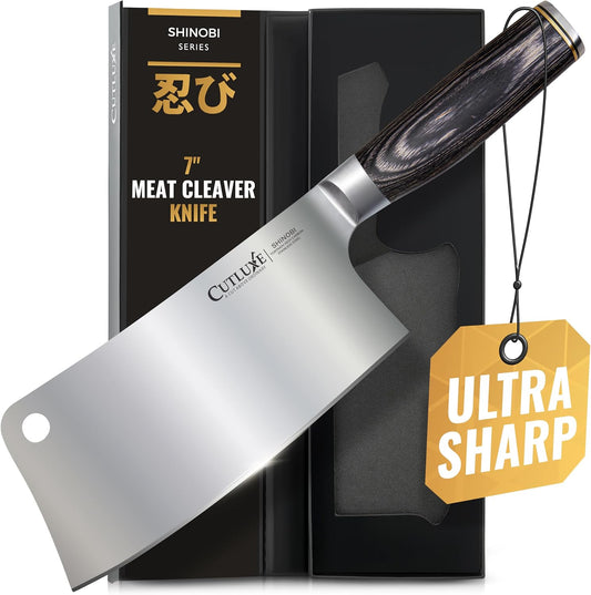 Cutluxe Meat Cleaver Knife – Ultra Sharp 7" Meat Cleaver, Butcher Knife, High Carbon Stainless Steel Blade, Full Tang Pakkawood Handle – Shinobi Series
