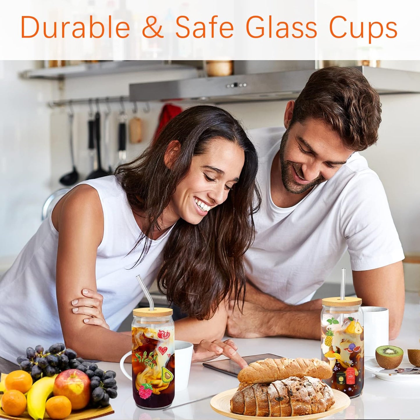 Glass Cups with Lids and Straws 20 Pcs 16 oz Ice Coffee Cup Skinny and Long Can Beer Cups Set Drinking Glasses with Bamboo Lids Reusable Glass Cups Ideal for Smoothies & Beverages