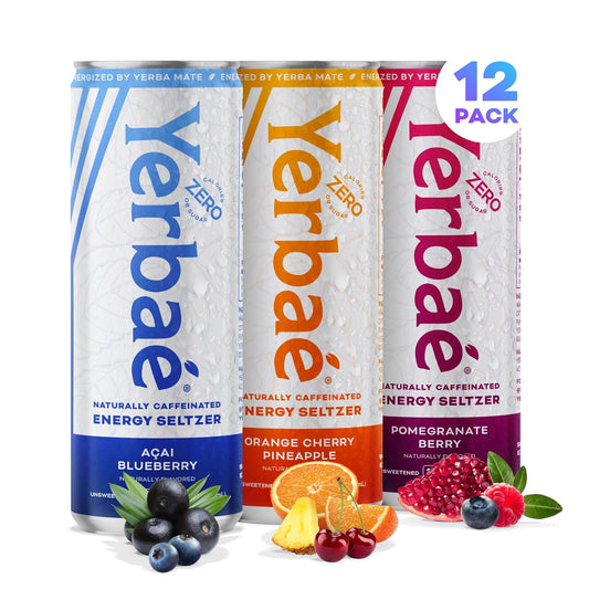 Yerbaé Energy Seltzer - Variety Performance Pack. No Sugar/Calories/Carbs. Energized by Yerba Mate Naturally Caffeinated Plant-Based, Healthy Alternative to Coffee/Sugary Sodas, Pack of 12, 12oz cans