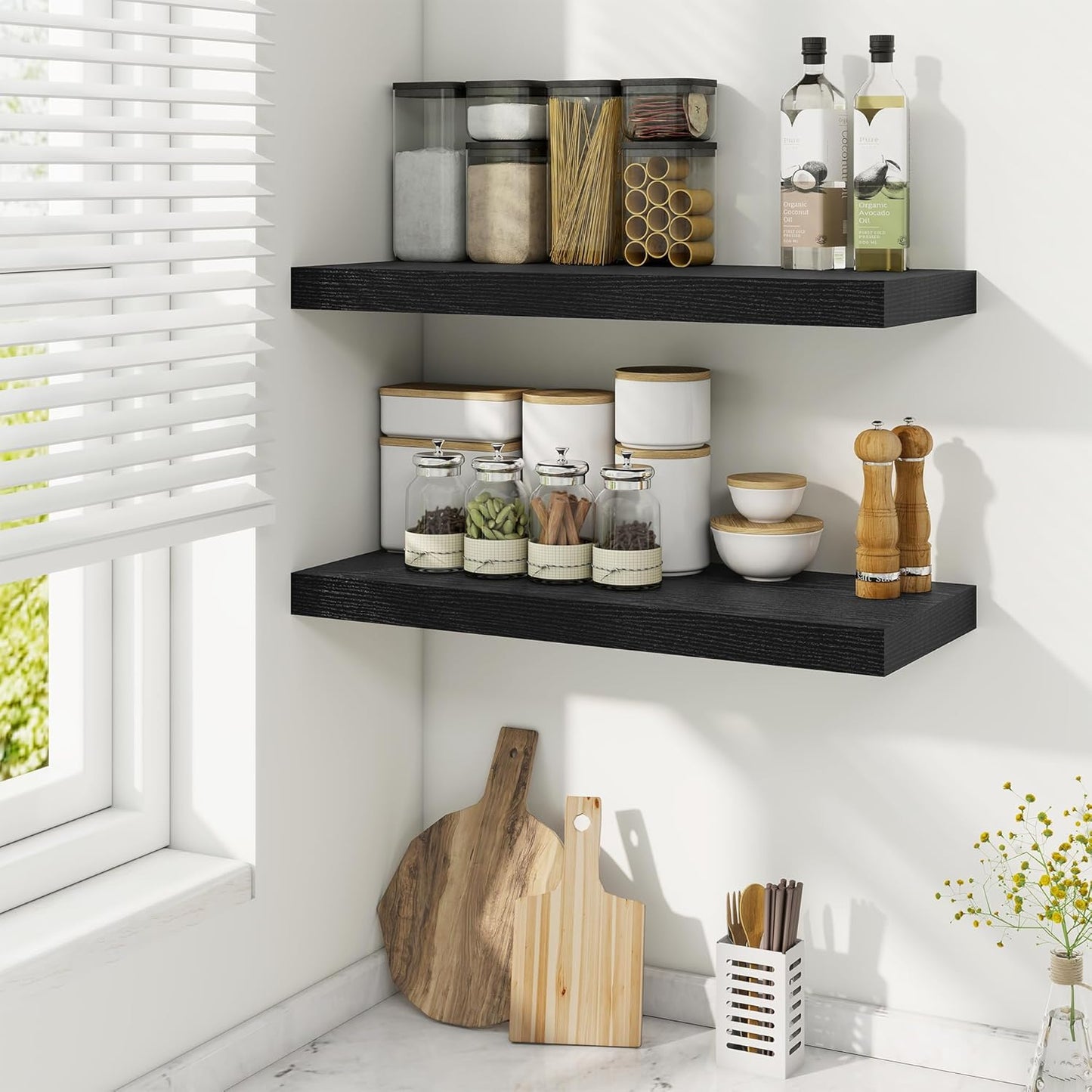 Fun Memories Floating Shelves for Wall, 24 Inch Rustic Wood Wall Mounted Shelves for Bathroom, Bedroom, Living Room, Deep Floating Shelves for Storage & Home Decor (Black, Set of 2)