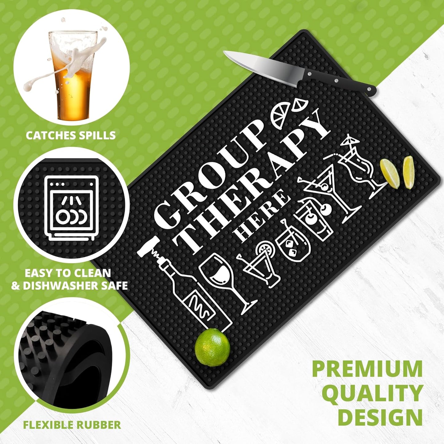 Group Therapy Bar Mat for Countertop - Ideal for Bartending & Home Bar Spill-Proof, Durable, Non-Slip Rubber Mat - Large Size 18"x12" - Bar Mats for Home Bar - Thick Rubber Mat