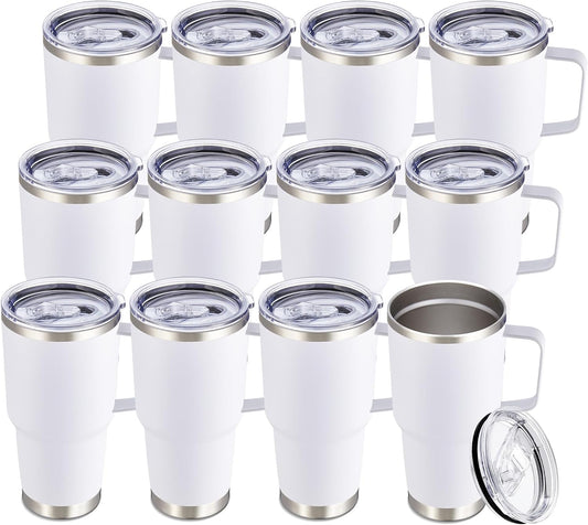 30 oz Tumbler with Handle and Lid, Stainless Steel Tumblers Bulk Double Wall Vacuum Insulated Travel Mug Leak Proof Cup Keep Drinks Cold and Hot White, 12 Pack