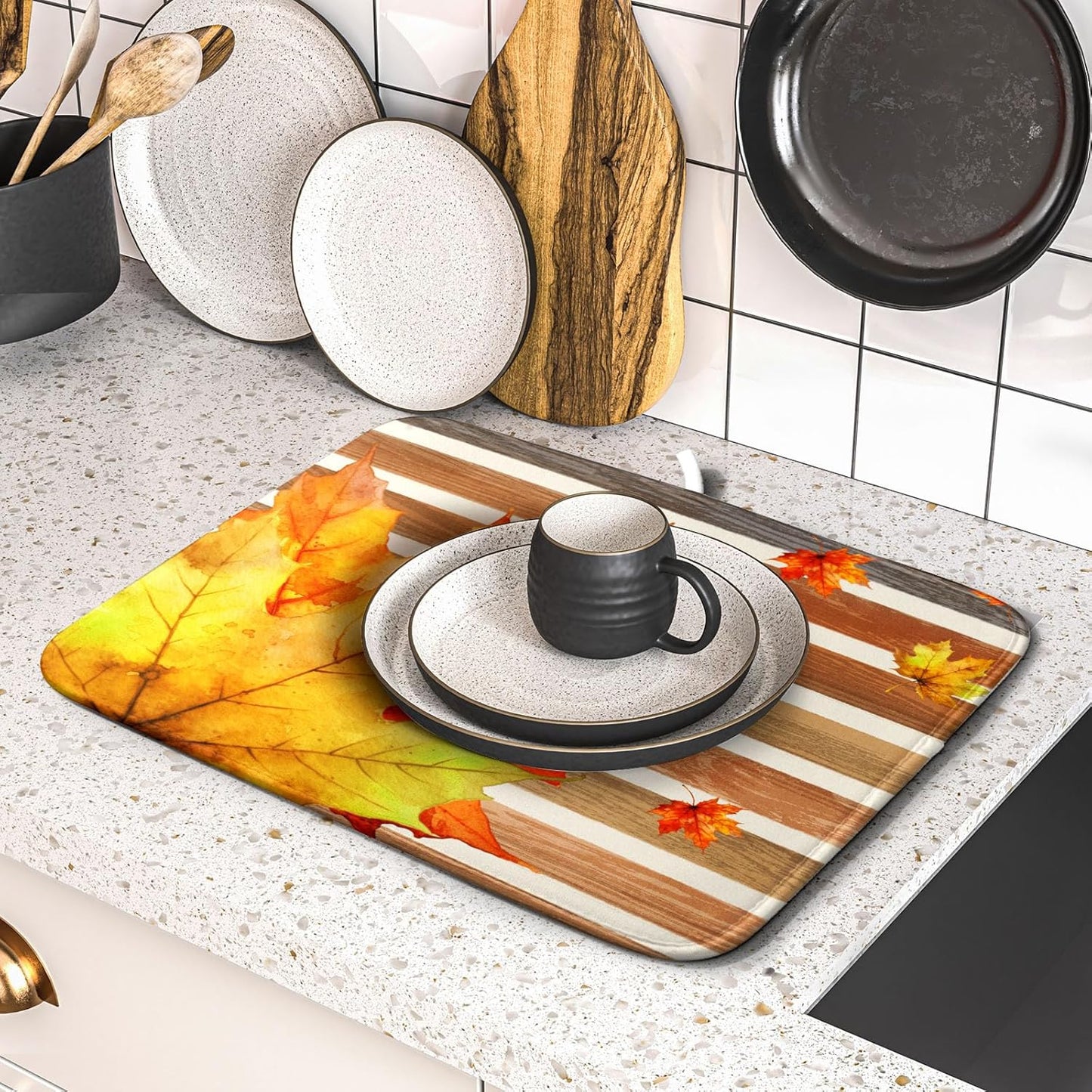 Autumn Golden Maple Leaf Dish Drying Mat for Kitchen Counter,Rural Wood Light Brown Stripes Drying Mat 16 x 18 Inch Microfiber Dish Drying Pad Dish Rack Drainer Mat for Coffee Bar