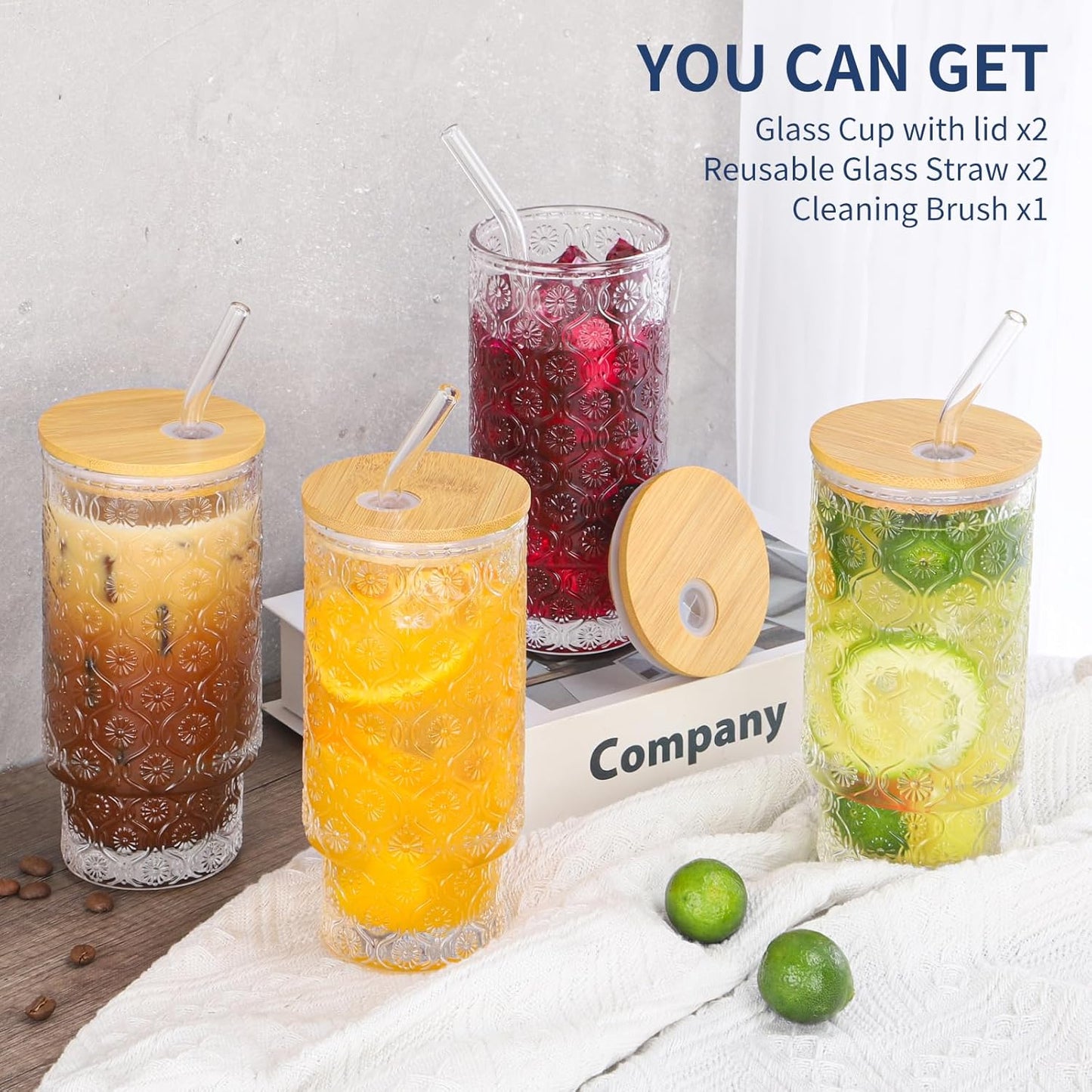 16 Oz Glass Cups Set of 2, Vintage Embossed Floral Glass Tumbler, Iced Coffee Cups with Lid, for Whiskey Cocktail Beer (2 PACK)