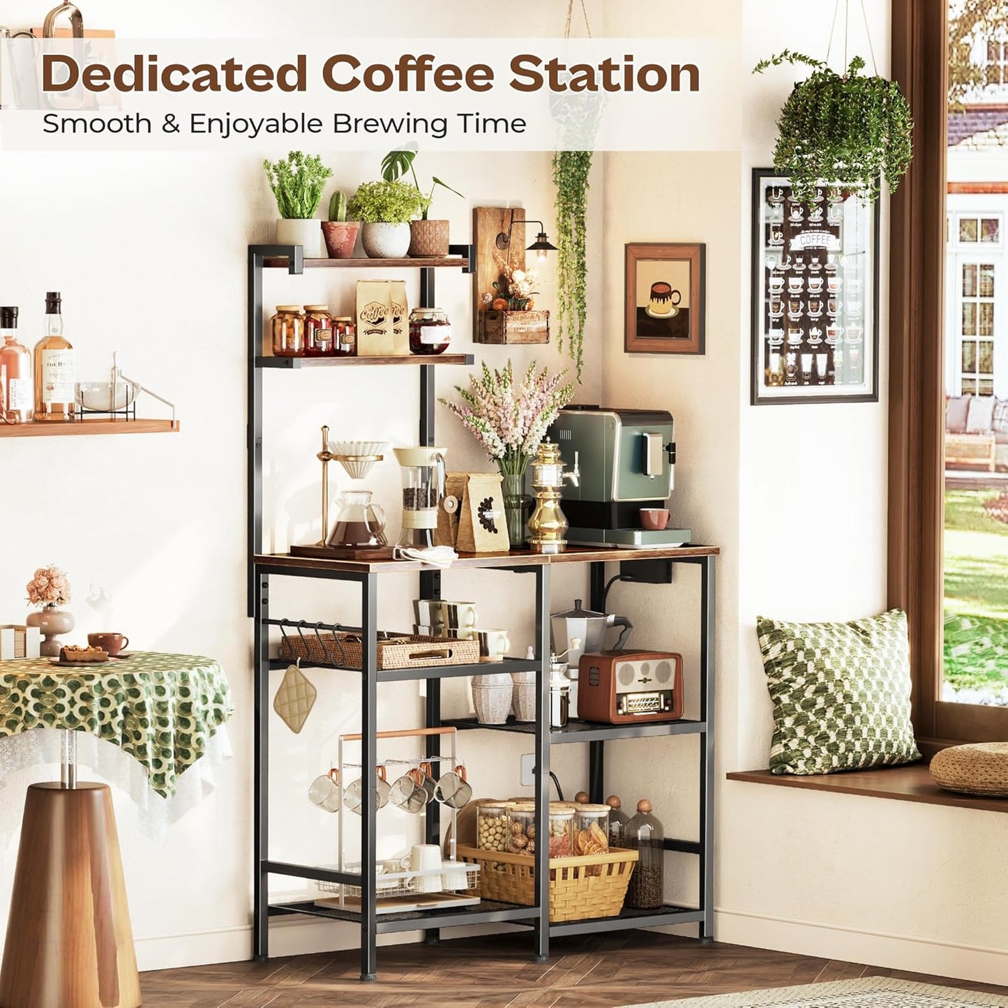 Huuger 31.5 Inch Bakers Rack with Power Outlets, Kitchen Microwave Stand with Storage, Coffee Bar with 4 Hooks, 3-Level Height Open Shelves, Rustic Brown